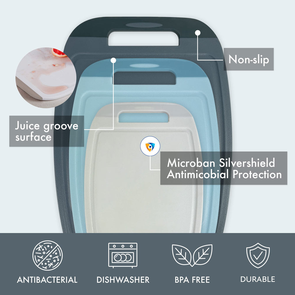 Neoflam Microban Antimicrobial Plastic Cutting Board 3 Sets, BPA Free, Non-Slip EZ Grip Handle, Dishwasher Safe, Reversible Use, Large Juice Grooves, Blue Gray