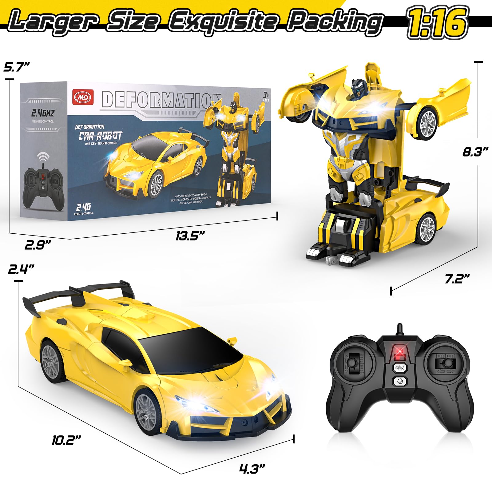 Qumcou Transform Remote Control Car, RC Cars for Boys Age 3-5 6-8, One-Button Transform Toy Cars, 2.4GHz, 360° Spin, 1:16 Scale, Flashing Headlight,3-8 Year Old Grandkids Christmas Birthday Gifts