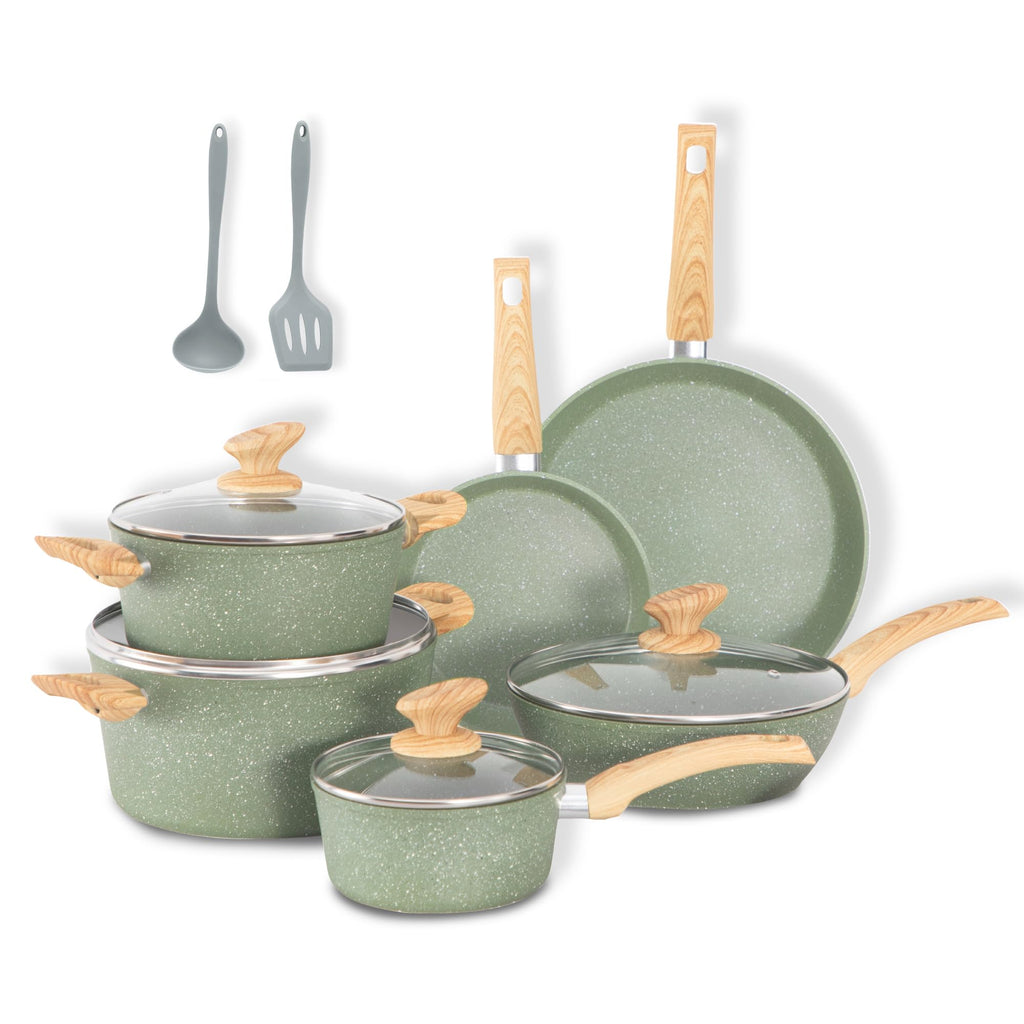 DishDelight Induction Pots and Pans Set Non Stick, 12 Piece Nonstick Induction Granite Kitchen Cookware Sets, Induction Cookware Nonstick Granite Cooking Set, PFOA&PFOS Free, Green