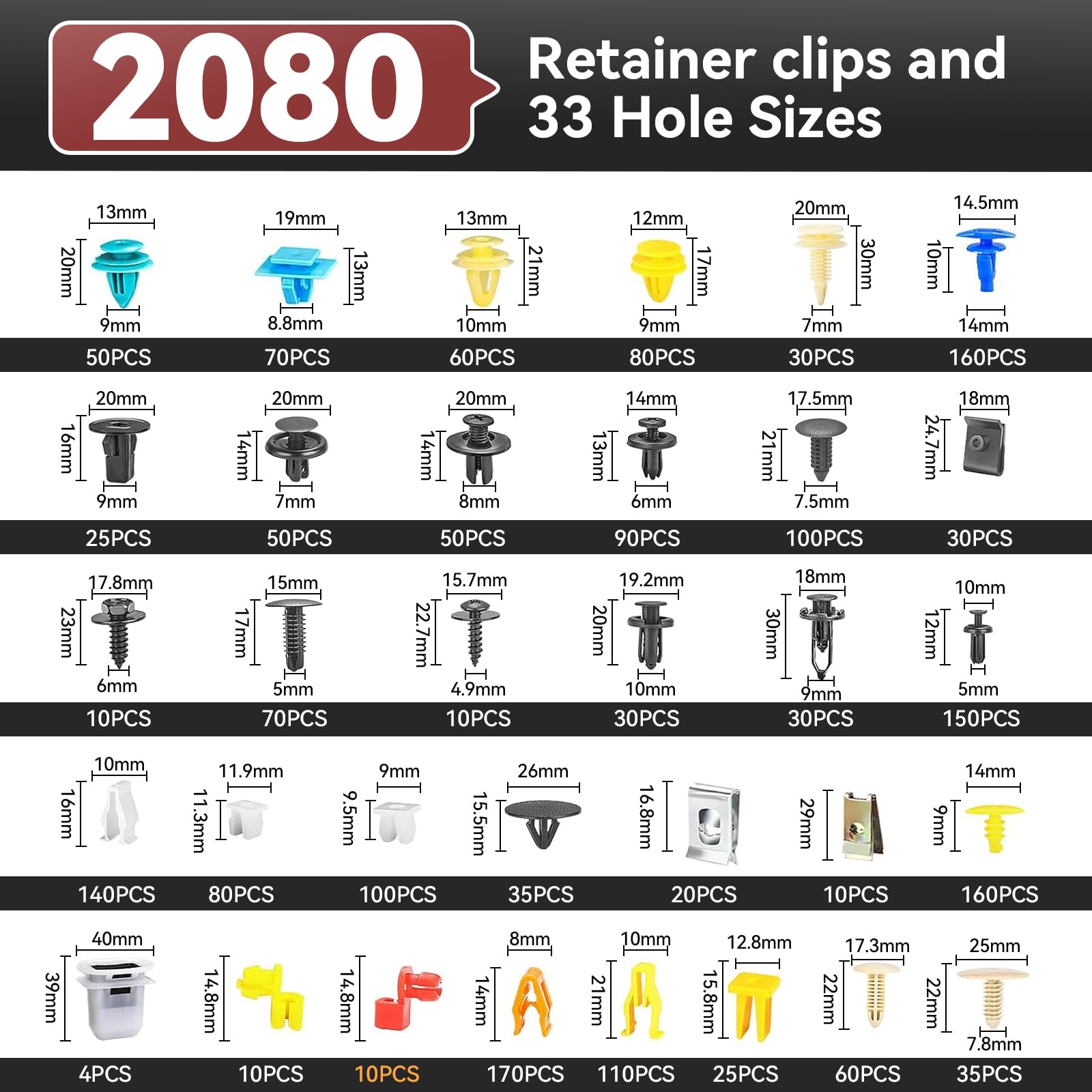 2080PCS Auto Retainer Clips Kit with Fastener Plier, Trim Removal Tools and 3-Layer Organizer Box, 33 Most Common Push Rivets for Car Bumper, Fender, Door Panel and Interior Repair