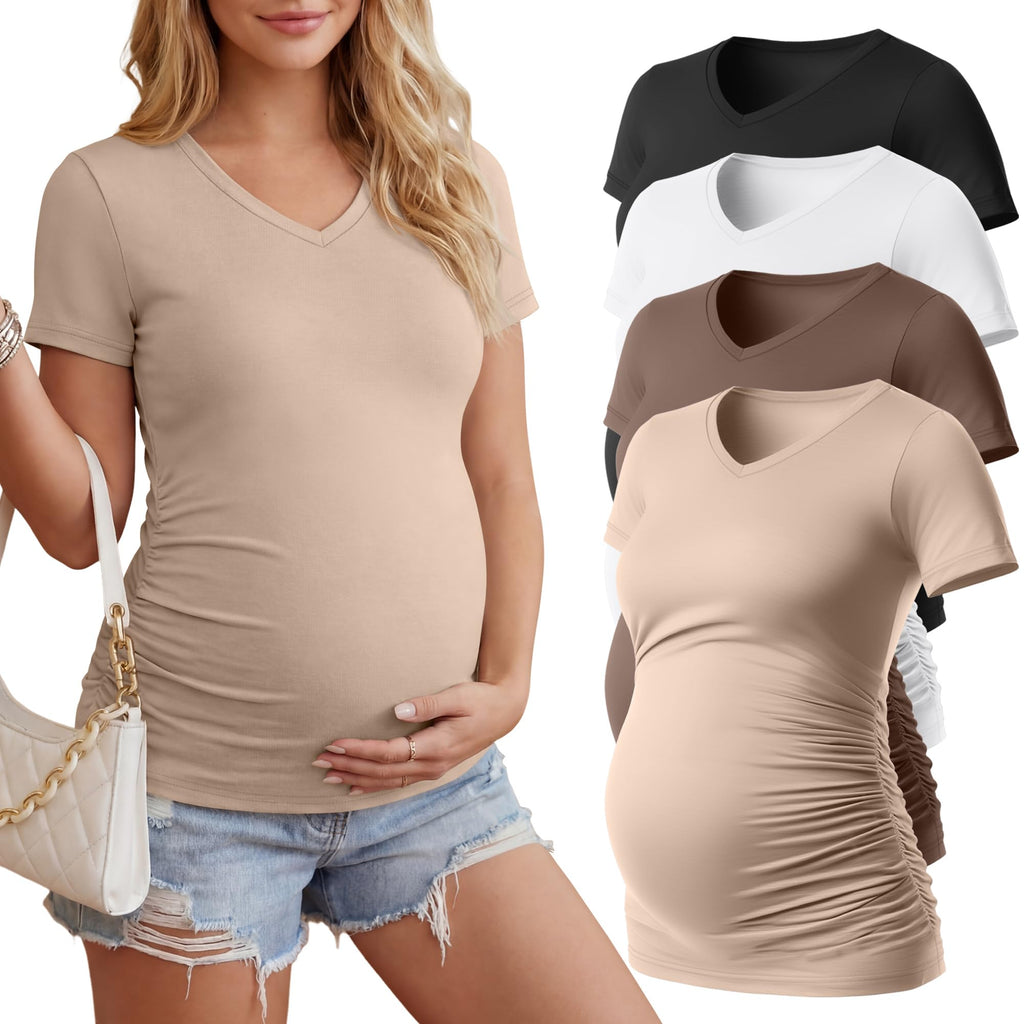 Huukeay 4 Pack Women's Maternity Shirts Pregnancy Top, 4-Color, Medium