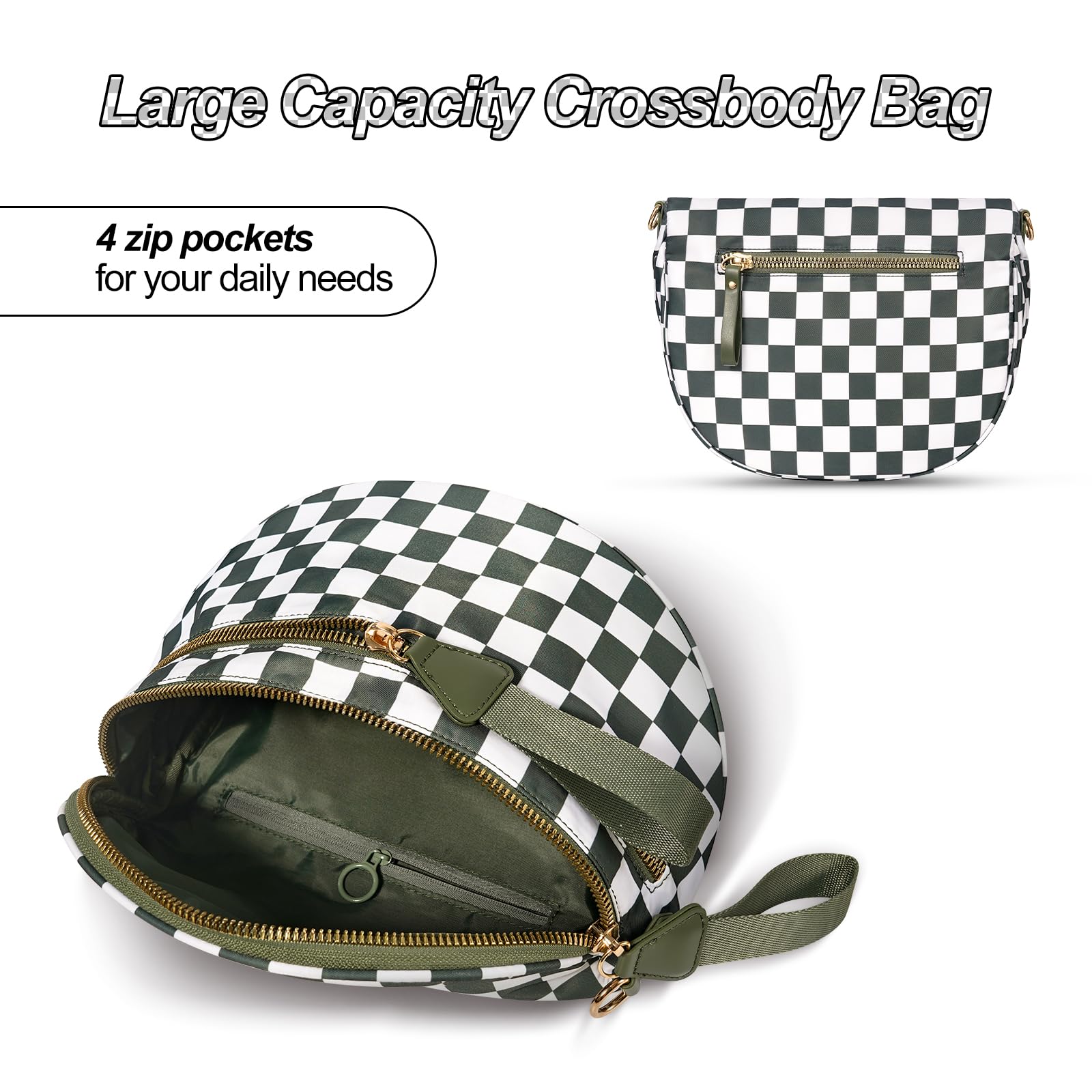 idoltimes Checkered Crossbody Bag,Nylon Bum Bags for Women Crossbody,Spacious Sling Bag Purse Fanny Packs with Shoulder Strap