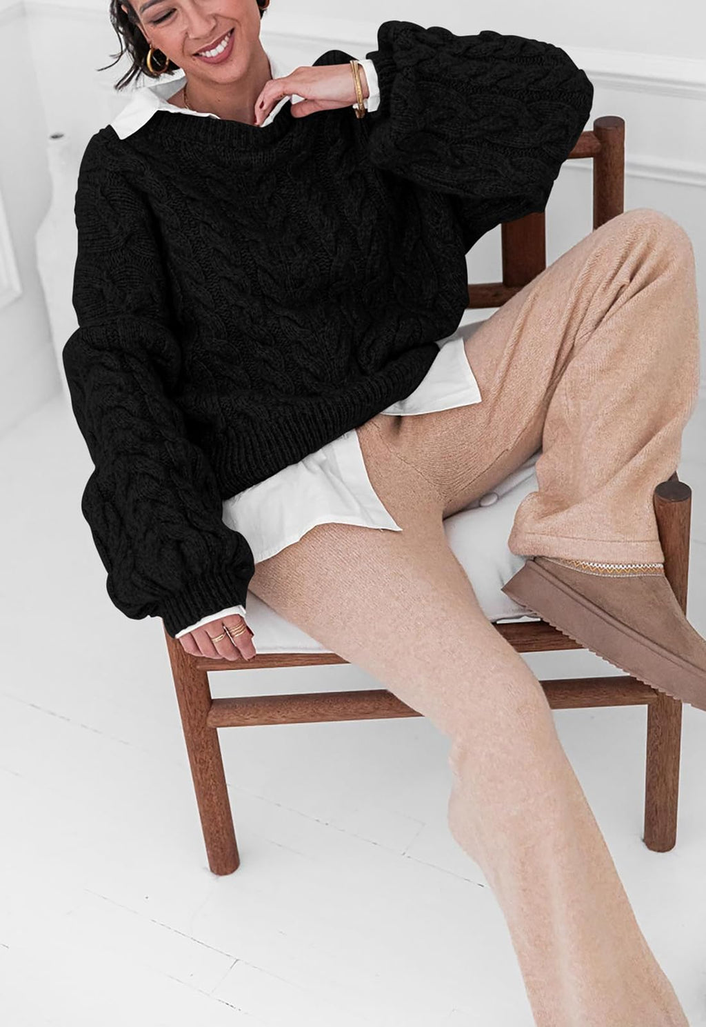 PRETTYGARDEN Womens Sweaters Spring 2026 Cable Knit Long Sleeve Crewneck Oversized Sweater Chunky Pullover Loose Outfits (Black, Medium)