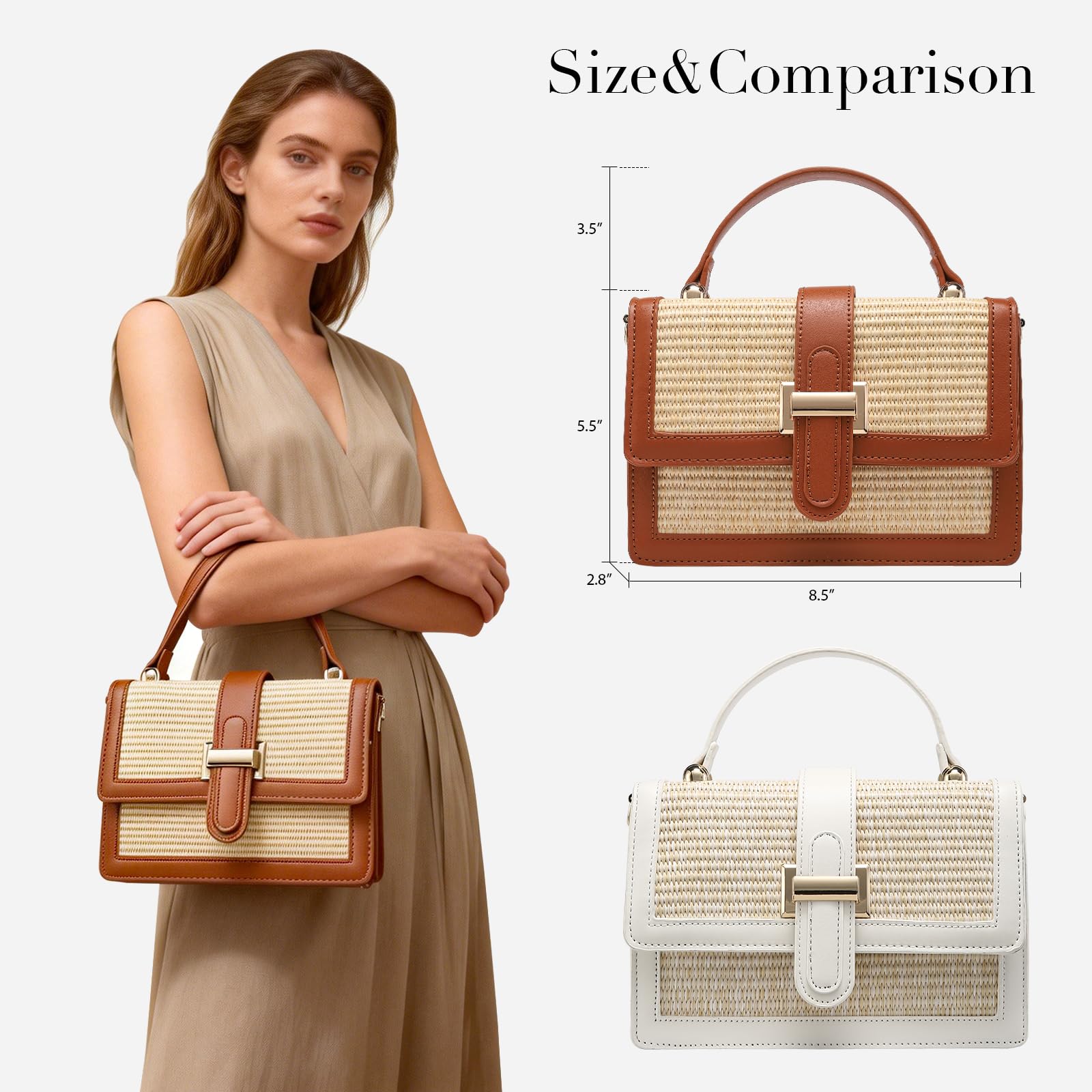Straw Crossbody Bag for Women, Vegan Leather Patchwork Summer Purse with Top Handle, Small Woven Shoulder Handbag for Beach Vacation, Wedding, or Casual Daily Use