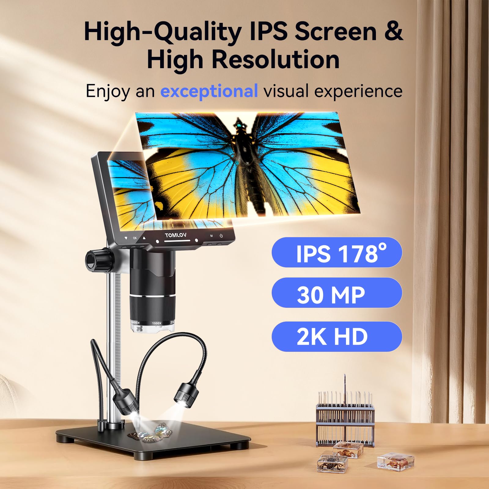 TOMLOV TriL107 3-Lens Digital Microscope: 7" 2500X 2K HDMI Coin Microscope Magnifier for Whole Coin View with IPS Screen, LCD Soldering Microscopes for Adults, 14 LED Lights, PC/TV Compatible, 64GB