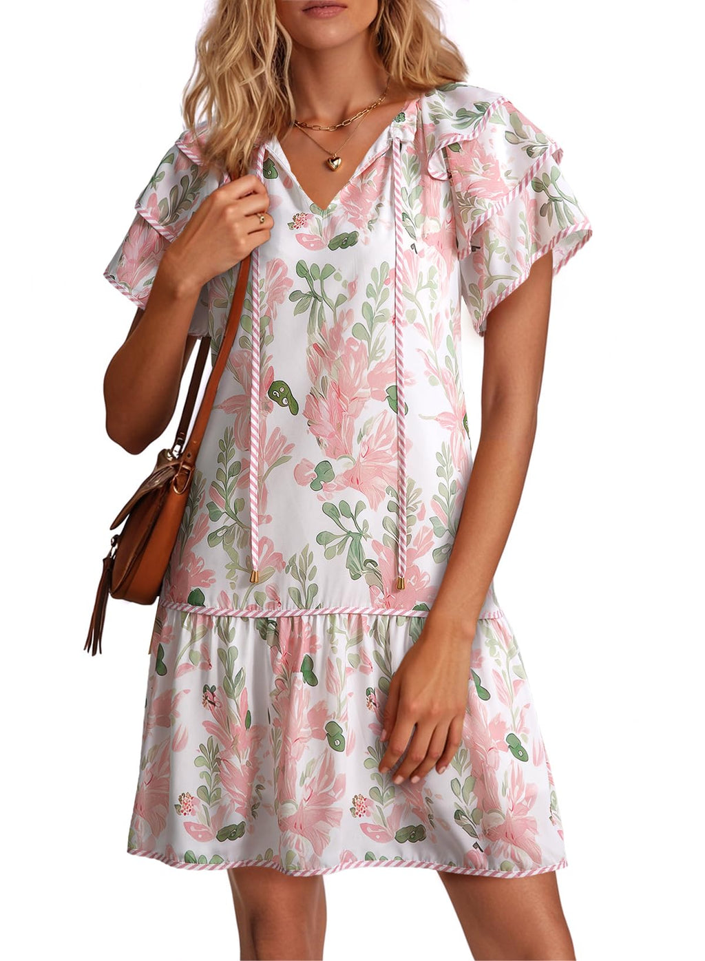 Dokotoo Summer Dresses for Women 2026 Boho Floral Print Ruffle Short Sleeve V Neck Drawstring Tie Casual Elegant Bohemian Cute Flowy Babydoll Sun Dress Party Wedding Guest Sundresses Pink Small