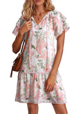 Dokotoo Summer Dresses for Women 2026 Boho Floral Print Ruffle Short Sleeve V Neck Drawstring Tie Casual Elegant Bohemian Cute Flowy Babydoll Sun Dress Party Wedding Guest Sundresses Pink Small