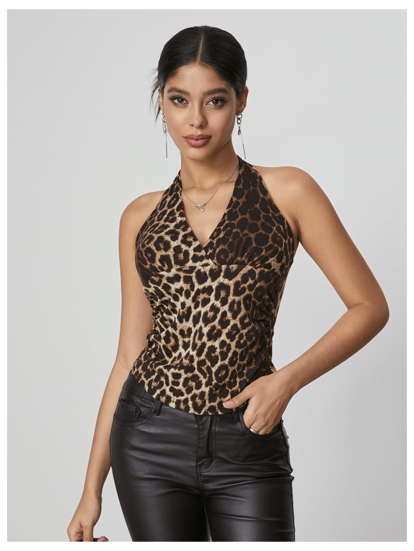 WDIRARA Women's Leopard Print Ruched Halter Crop Tops V Neck Tie Back Sleeveless Slim Fit Cami Tops Multicolor Leopard Large
