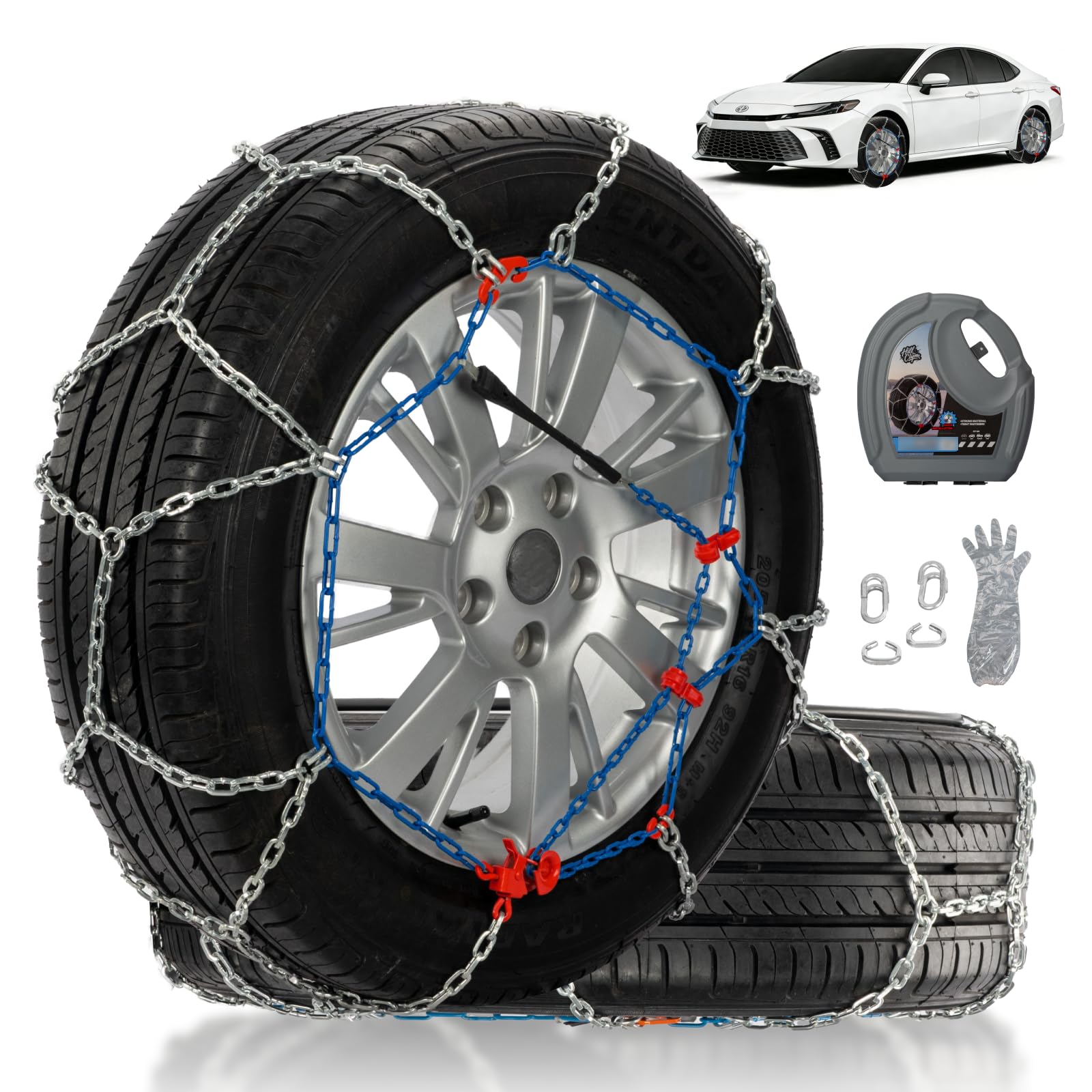Snow Chains for Car Tires, Tire Chains for Passenger Cars, Sedan, SUVs, Quick Fit & Easy Installation Snow Tire Chains, Portable Reusable Emergency Tire Traction Chain, Set of 2 (HP1555)