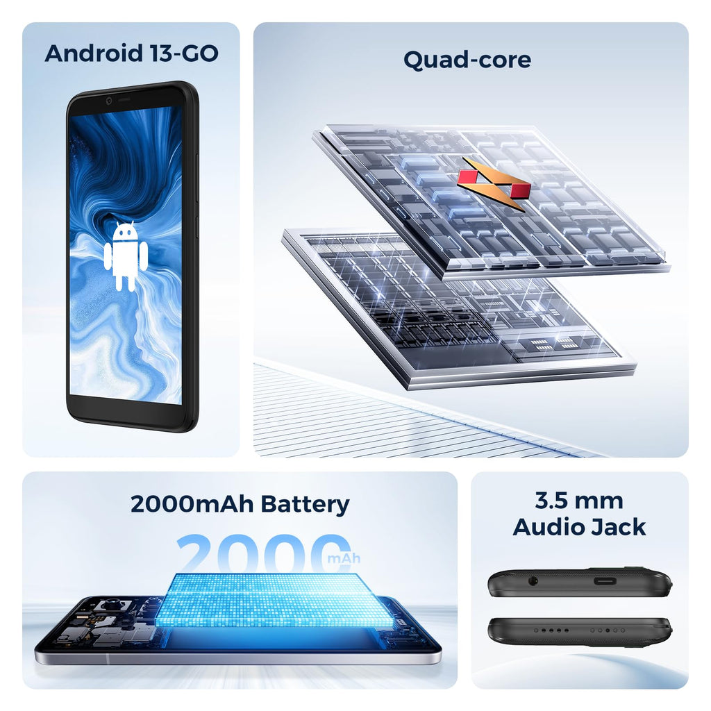 FOXX New Unlocked 4G Smartphone Android 13 Go Edition - 5.5" Display, 2GB+16GB Storage, 2000mAh Battery, 2MP Main + 0.3MP Auxiliary Camera, Dual SIM, 3.5mm Headphone Jack