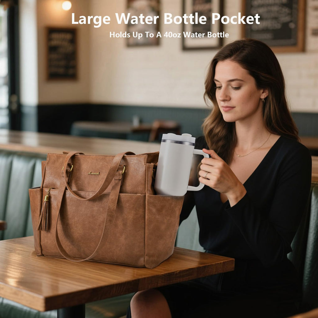 LOVEVOOK Laptop Tote Bag for Women 15.6 Inch Vintage Work Bag with Large Cup Holder, Waterproof Computer Teacher Bag