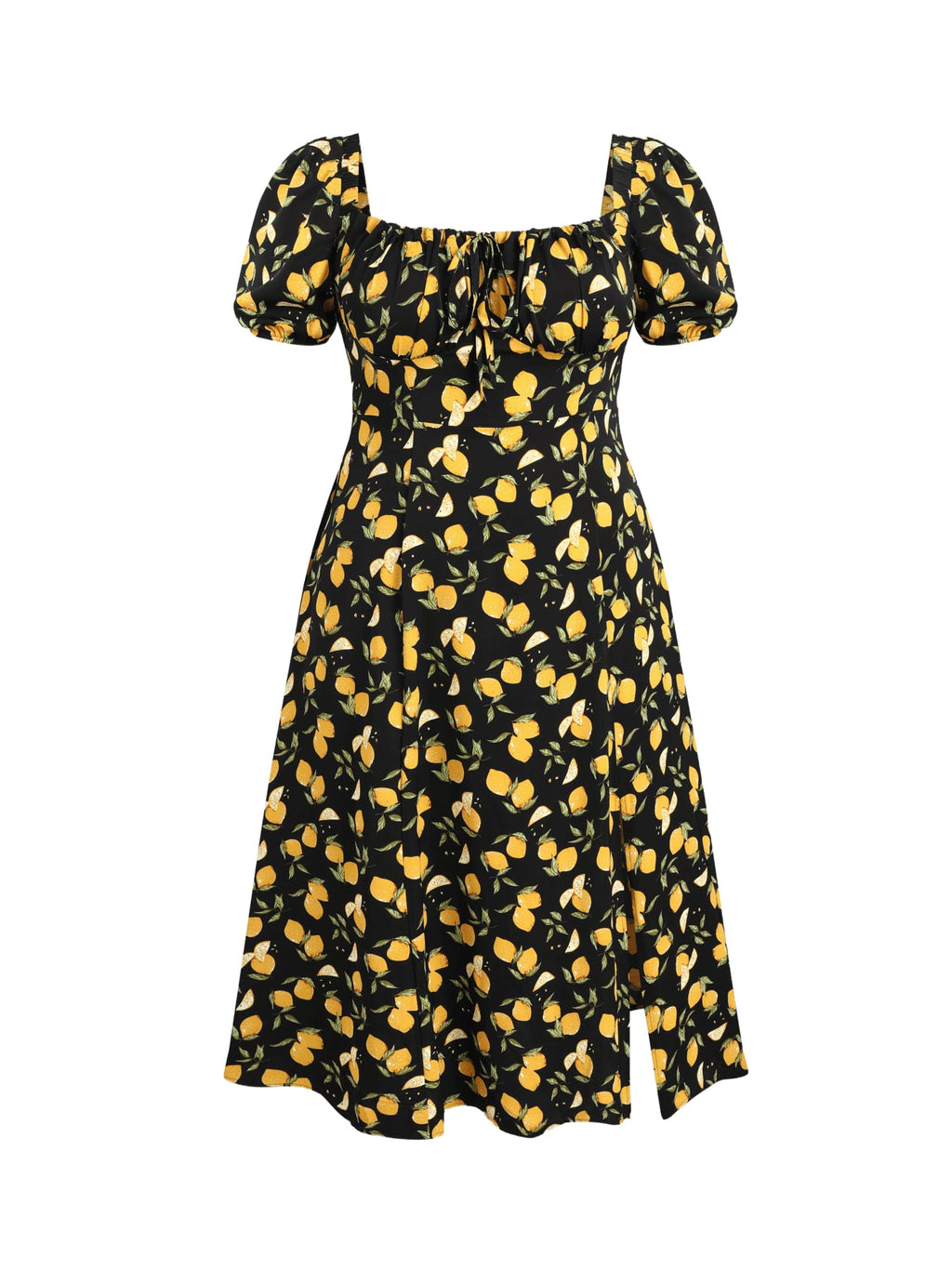 CIDER Women's Plus Size Dress Floral Fruit Square Neck Puff Sleeve Split Sun Dress Summer Midi Dresses Vacation Outfits Black