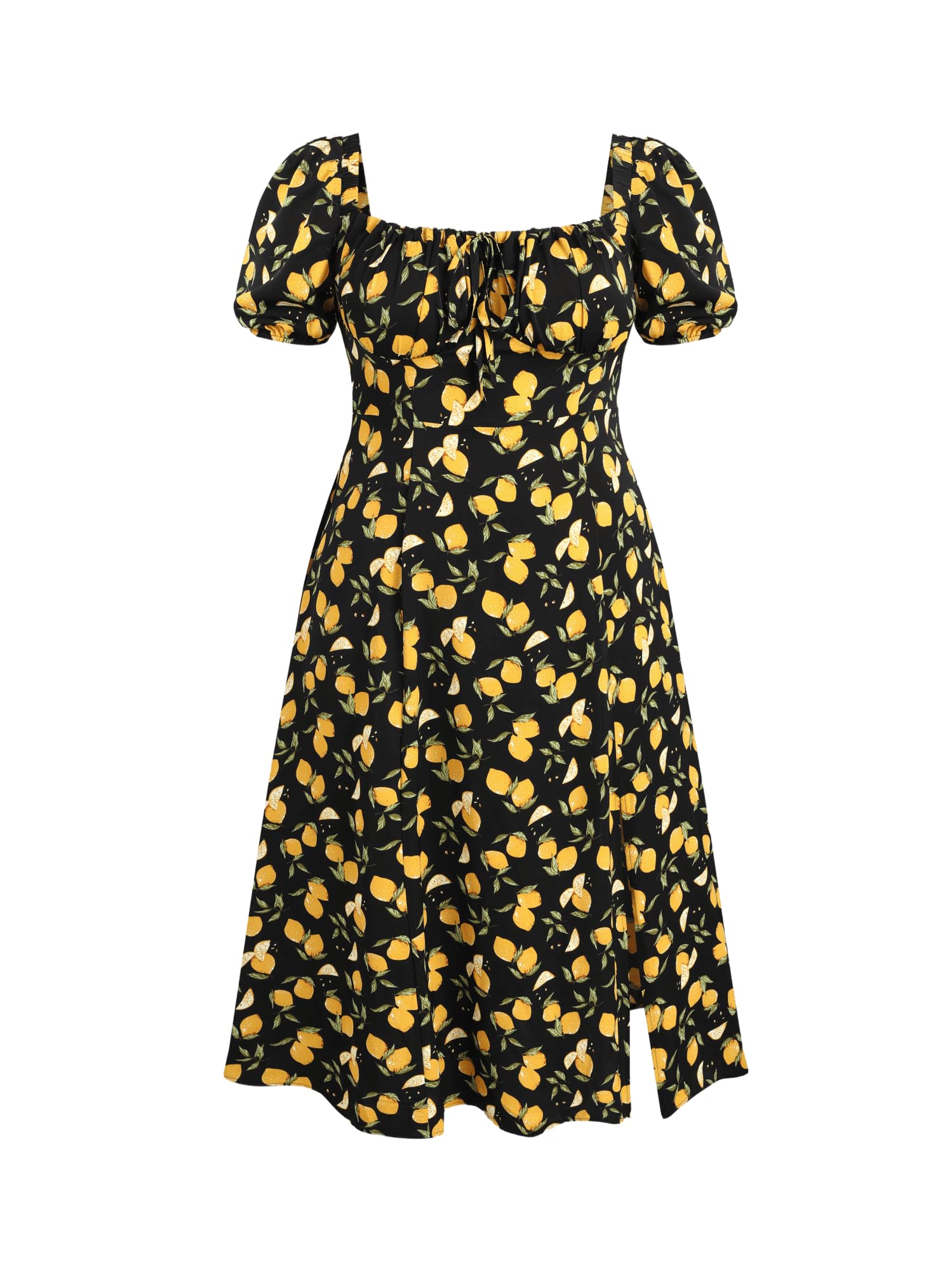 CIDER Women's Plus Size Dress Floral Fruit Square Neck Puff Sleeve Split Sun Dress Summer Midi Dresses Vacation Outfits Black