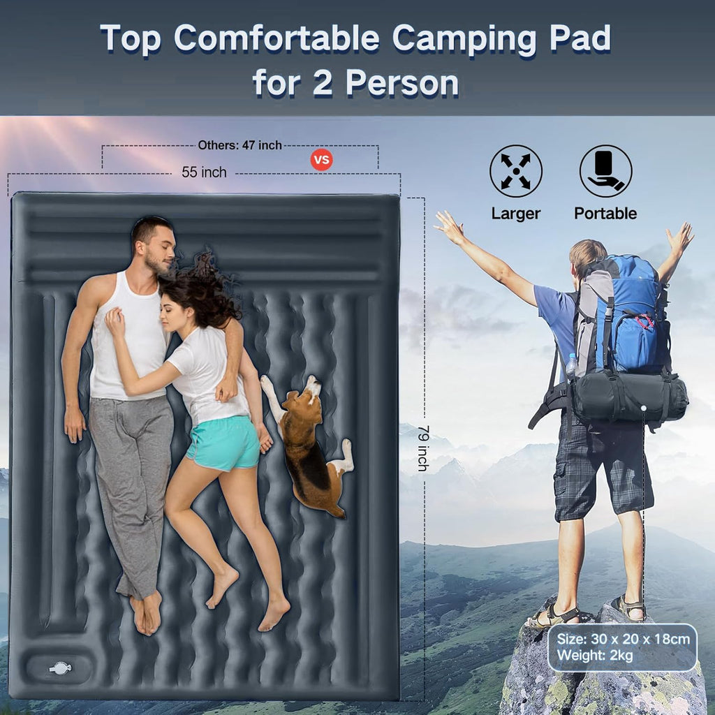 FNARMW Double Sleeping Pad Camping, Self Inflating 6'' Extra-Thick 2 Person Pillow Built-in Foot Pump Waterproof Inflatable Sleeping Mat Backpacking, Tent, Hiking, Portable Camping Pad (Grey)