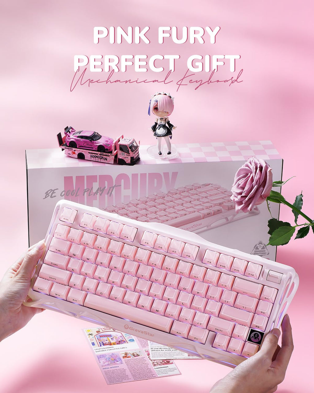 GravaStar Mercury K1 75% Pink Wireless Keyboard, Aluminum Alloy Exoskeleton Design Mechanical Gaming Keyboard, Gasket Hot-Swap Socket, Linear Switches, RGB Backlit