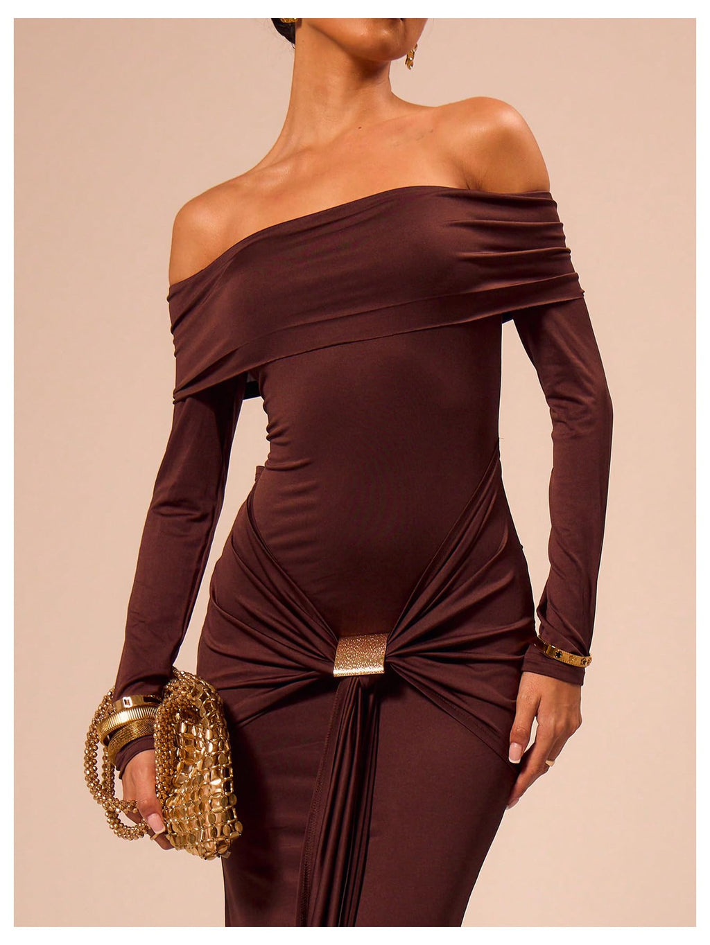 Verdusa Women's Wedding Guest Off Shoulder Maxi Dresses Ruched Bodycon Elegant Dresses Coffee X-Large
