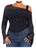 WDIRARA Women's Plus Size 2 in 1 Off Shoulder T Shirt Ruched Sheer Bell Long Sleeve Tee Black and White XX-Large Plus