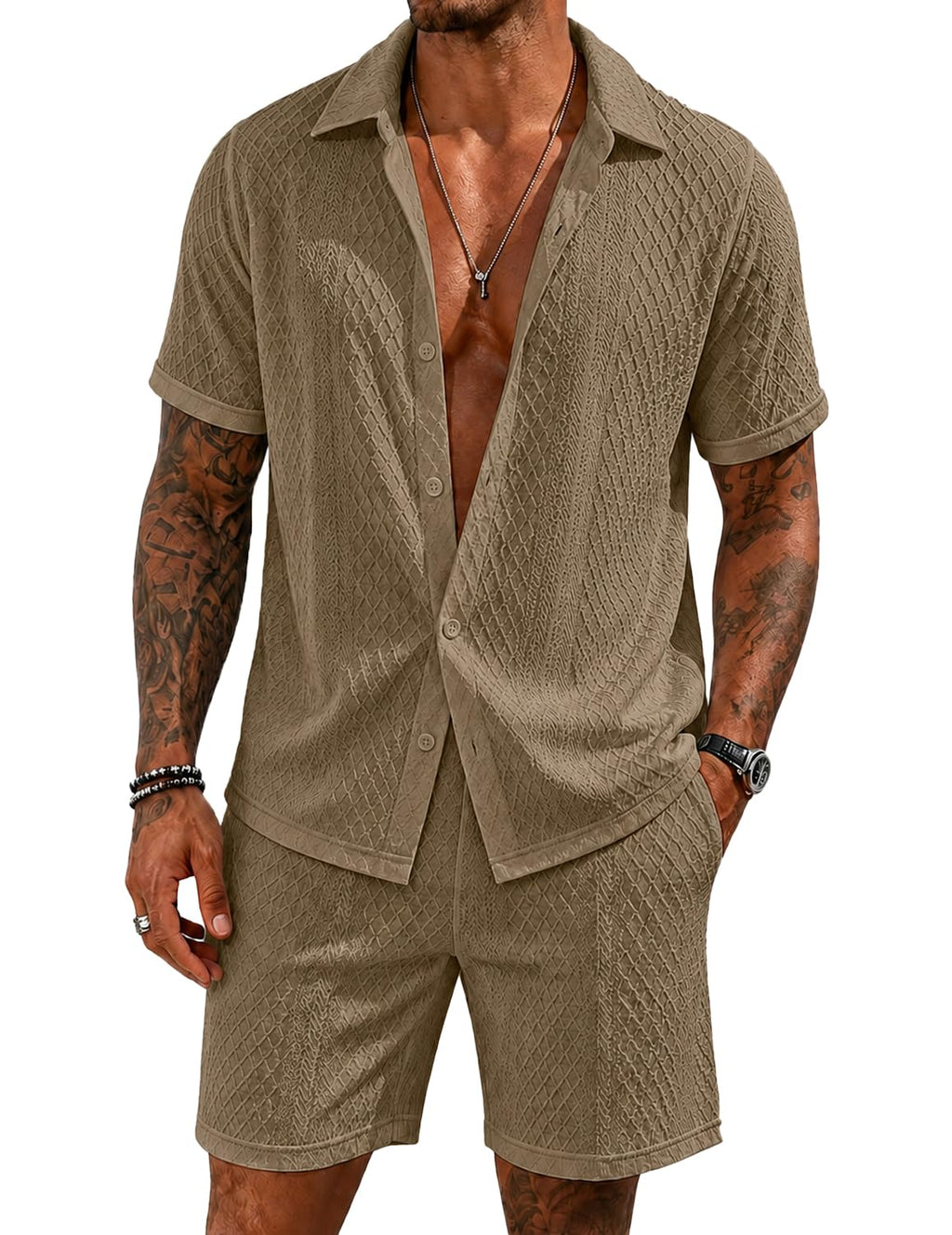 UOUA Mens Summer Outfits Waffle Knit 2 Piece Short Sets Casual Button Down Shirt & Shorts Khaki （M-3XL）