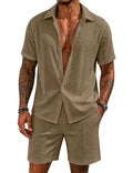 UOUA Mens Summer Outfits Waffle Knit 2 Piece Short Sets Casual Button Down Shirt & Shorts Khaki （M-3XL）