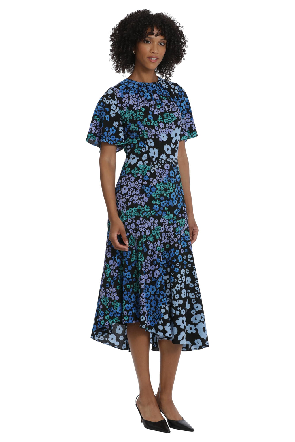 Maggy London Women's Dresses Short Flutter Sleeve Fit and Flare Dress with Asymmetric Hem Tier