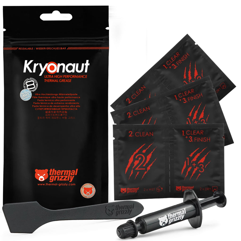 Thermal Grizzly Kryonaut - 1 Gram - Extremely High Performance Thermal Paste + 12 Cleaning Wipes 6 Wet & 6 Dry - for Demanding Applications and Overclocking CPU/GPU/PS4/PS5/Xbox