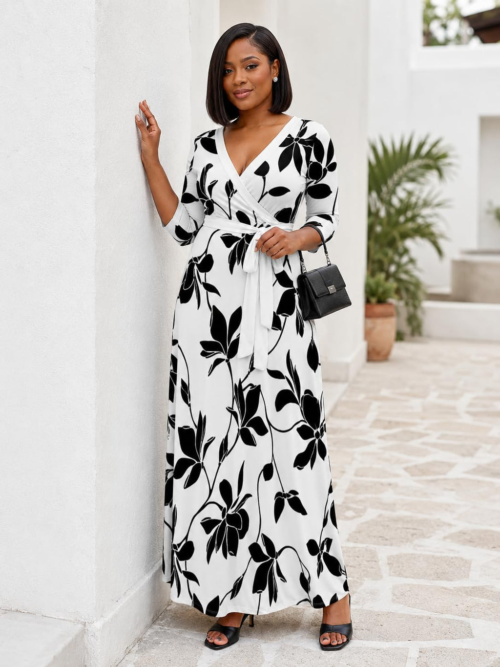 PinkPatty Plus Size Maxi Dresses for Women Casual Flowy Long Dress 3/4 Sleeve V Neck Wrap Dress with Belt(Black White 2XL)