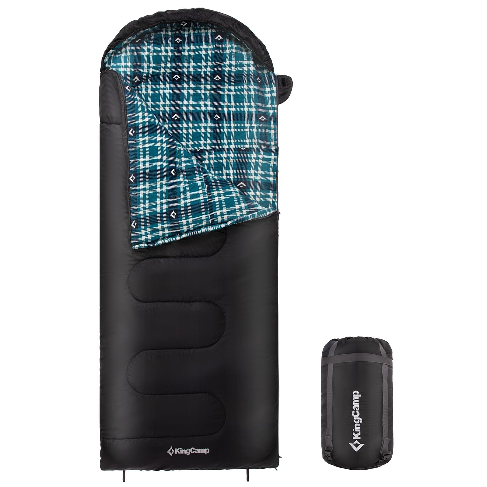 KingCamp Sleeping Bag for Adults, Cold Weather & Warm XL Big and Tall Flannel Sleeping Bags with Compression Sack Portable Waterproof Essentials Gear Accessories for Outdoor Camping (Black Left)