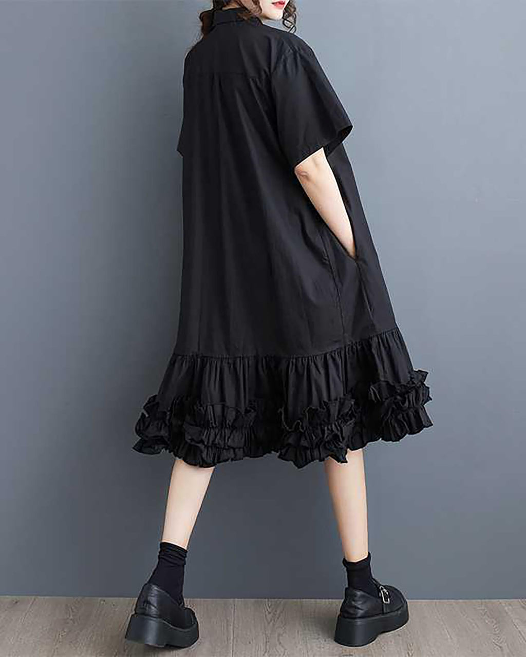 ellazhu Women's Shirt Dress Button Down Lapel Short Sleeve Ruffle Hem Oversize Loose Casual Solid GZ183 Black