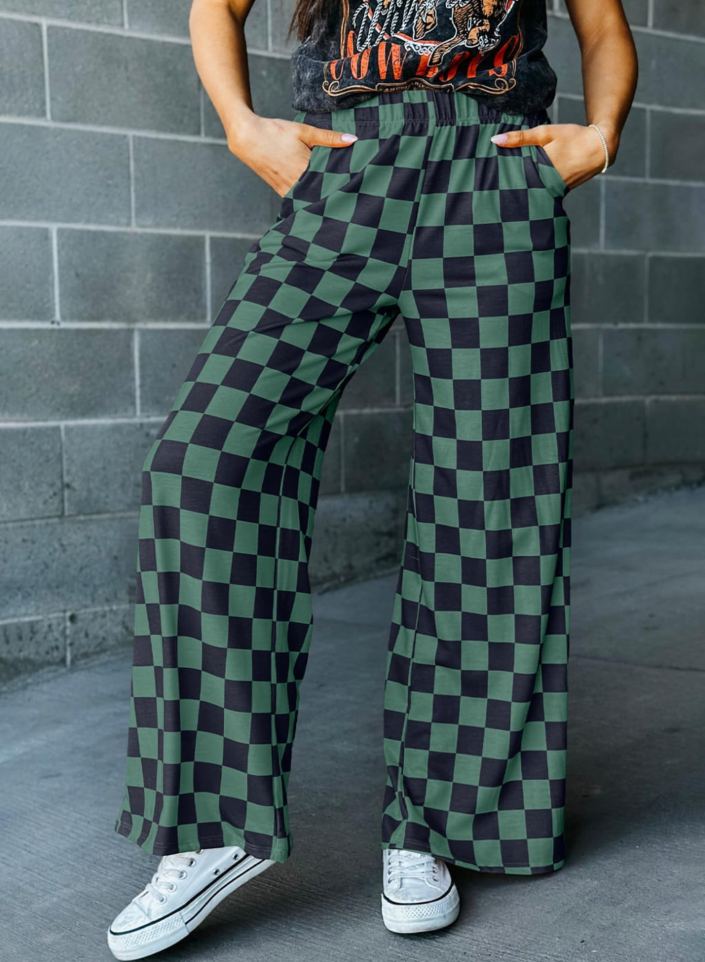 Acelitt Women's Casual Checkered Pants 2026 Spring Summer Lightweight Elastic Waist Comfy Loose Wide Leg Plaid Beach Pants Trousers Vacation Outfits Green XX-Large