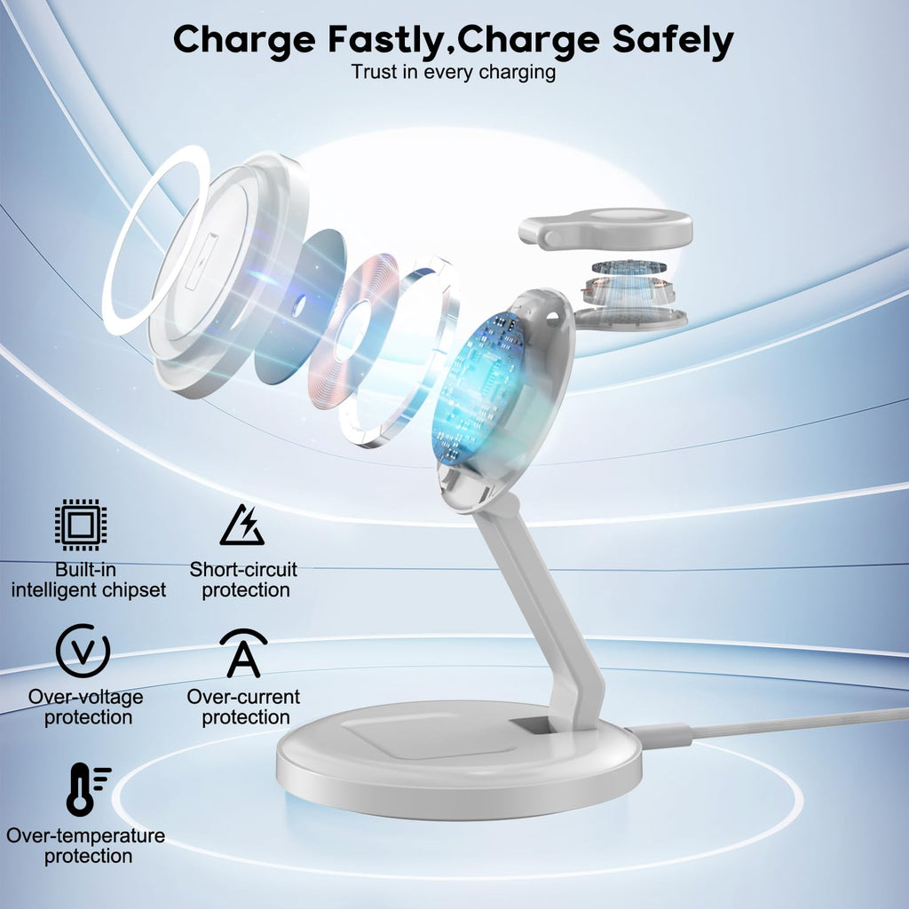 Charging Station for Apple Magnetic Wireless iPhone Mag-Safe Charger,15W 3in1 Foldable Wireless Dock Fast MagSafe Charger Stand for iPhone 17 Pro Max/16 Plus/16 ProMax/15/14/13,Apple Watch,AirPods Pro