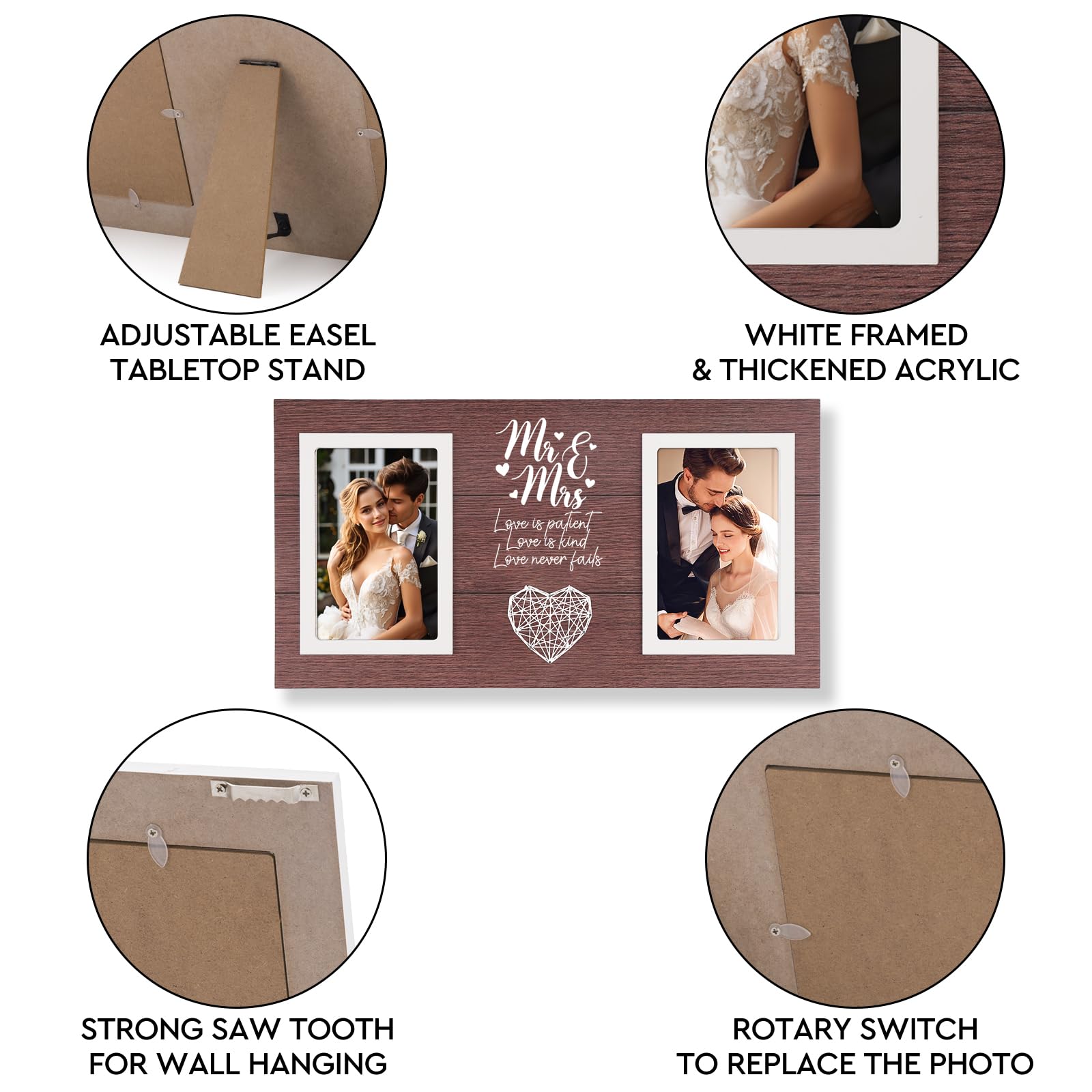 Calibron Personalized Wedding Gifts for Couples, Bridal Shower Gift for Bride, Mr & Mrs Photo Frame Holds 2pcs 4x6 Pictures, Unique Wedding Gifts for Newlyweds(Red Brown)
