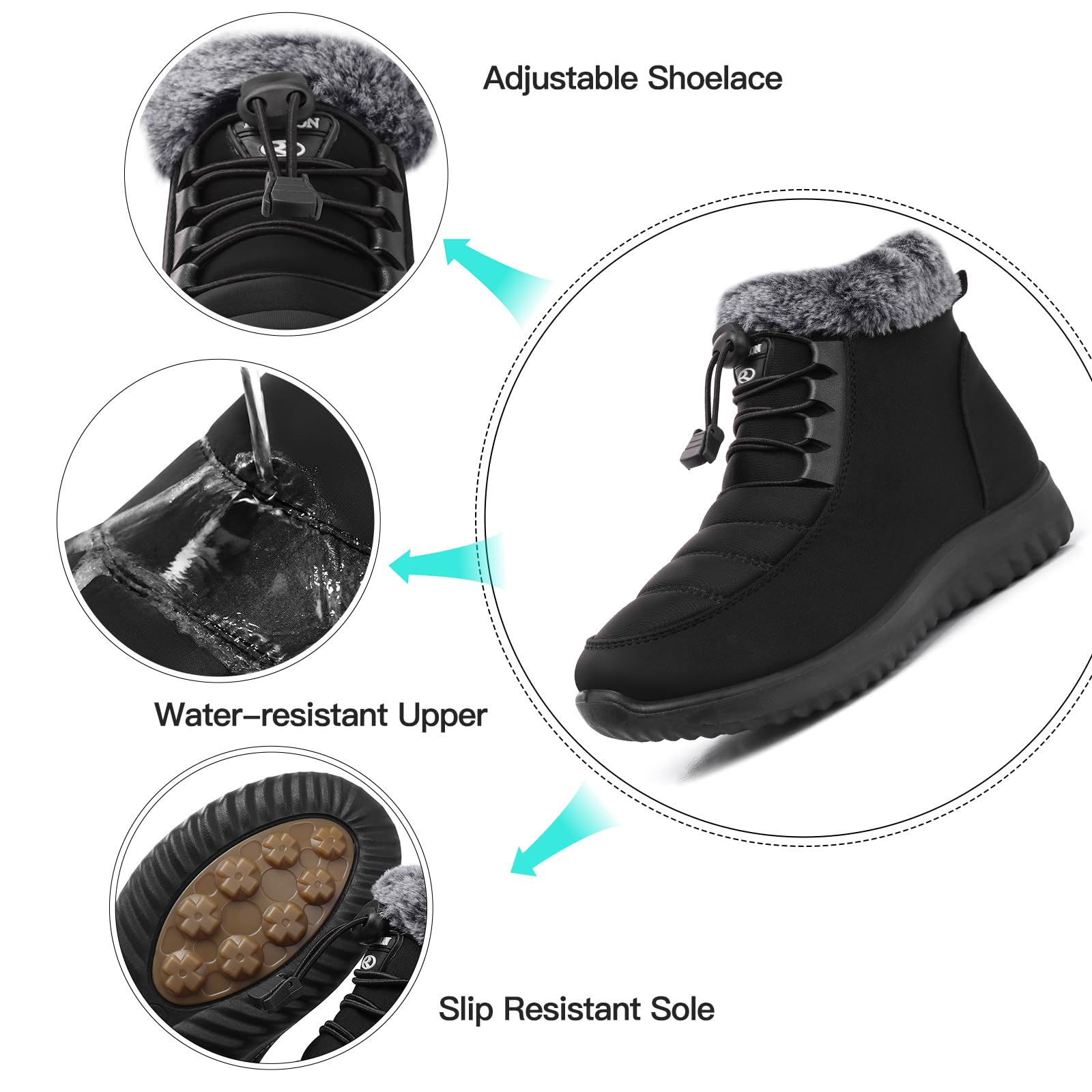 SHIBEVER Winter Boots for Women Snow: Black Fur Lined Warm Ankle Boots - Cold Weather Water Resistant Outdoor Zipper Snow Shoes Size 9