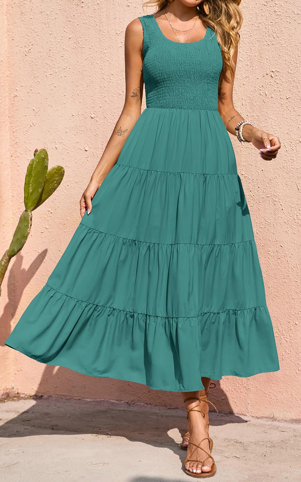 PRETTYGARDEN Sleeveless Flowy Spring Wedding Guest Dresses for Women Long Dress Smocking Top Crewneck Maxi Dresses (Bean Green, Small)