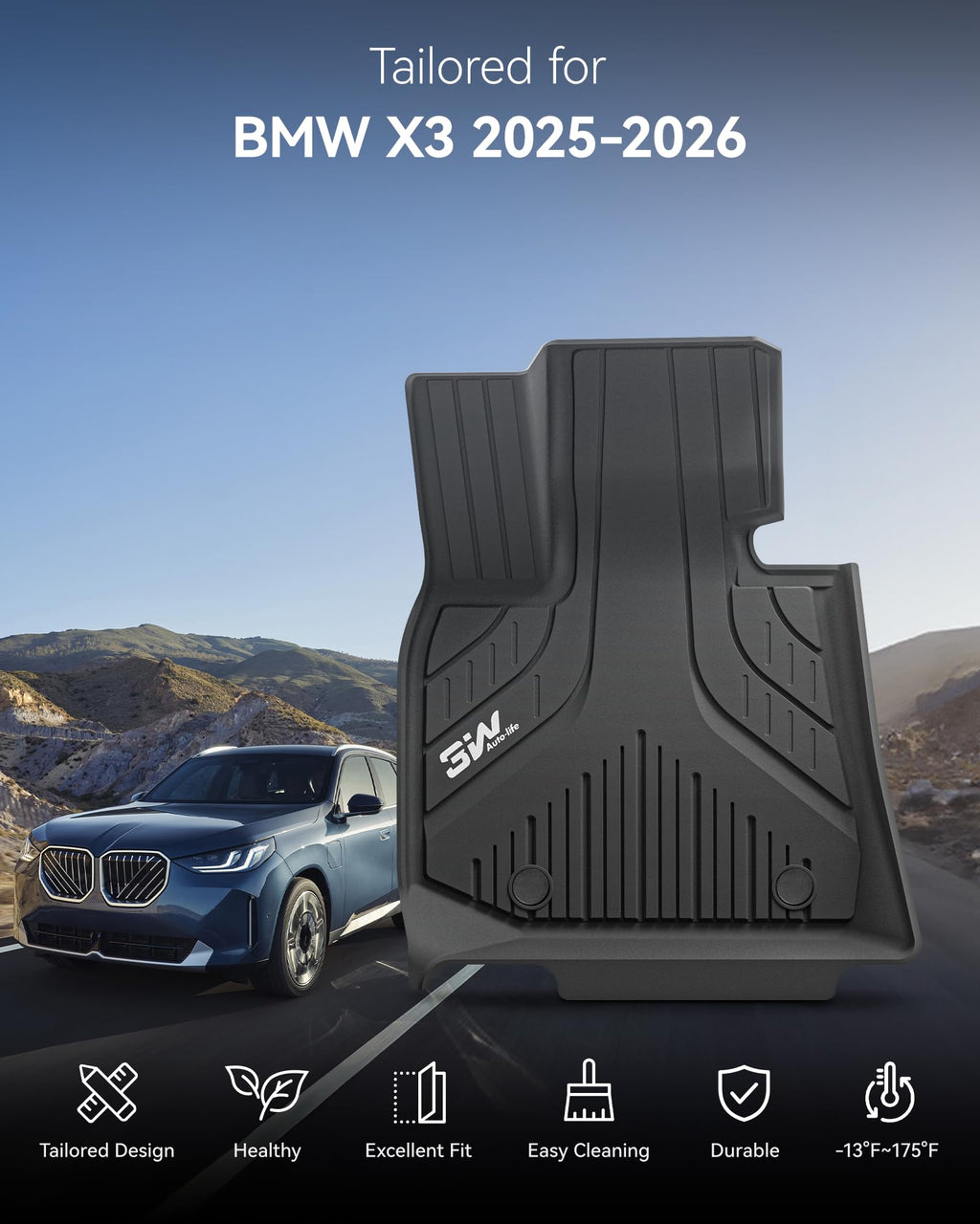 3W Floor Mats & Cargo Liner for BMW X3 G45 2025 2026, Accessories Custom Fit TPE All Weather 1st & 2nd Row Car Mats and Trunk Liners for BMW X3 30/M50 xDrive