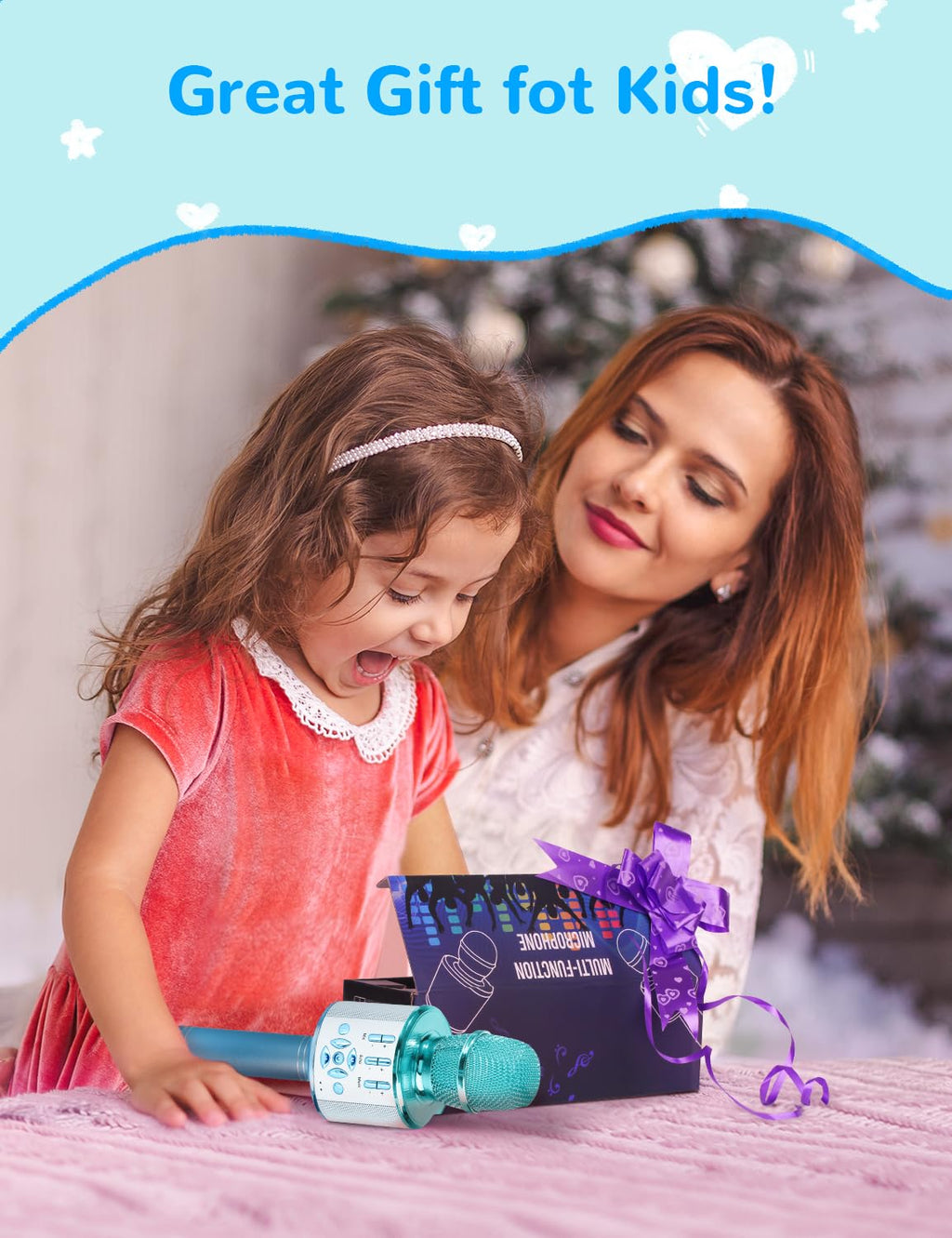 Amazmic Kids Karaoke Microphone Machine Toys for Girls Bluetooth Microphone with LED Light, Christmas Birthday Gift for Girls Boys 3 4 5 6 7 8 9 10 11 12 Year Old Kids Toys(Blue)