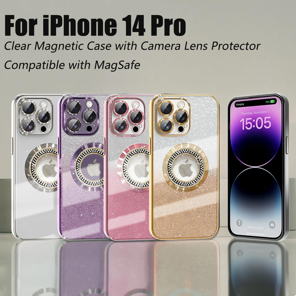Misscase for iPhone 14 Pro Magnetic Glitter Case Compatible with MagSafe,Full Protection Slim Shockproof Anti-Scratch Case with Camera Lens Protector Logo View Dust-Proof Net for Women Gold