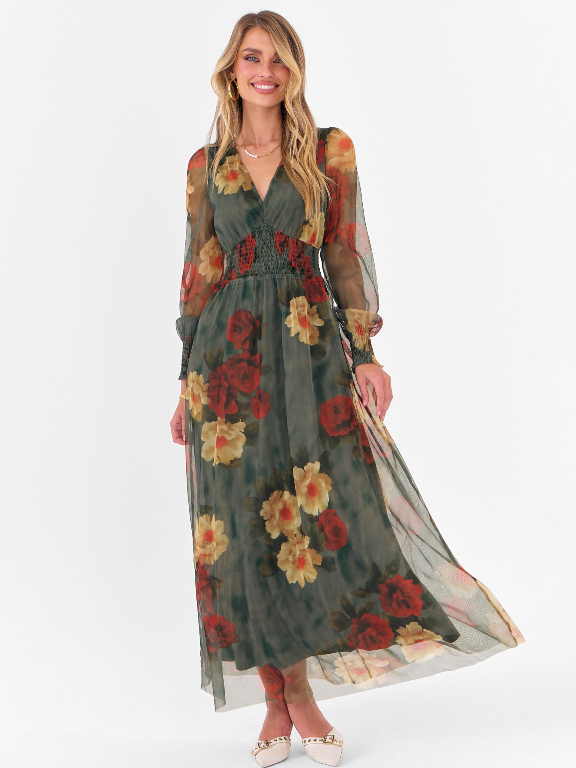 ANRABESS Women's Floral Maxi Dress 2025 Fall V Neck Puff Long Sleeve Flowy Casual Wedding Guest Tea Party Tulle Dresses Red and Yellow Rose M