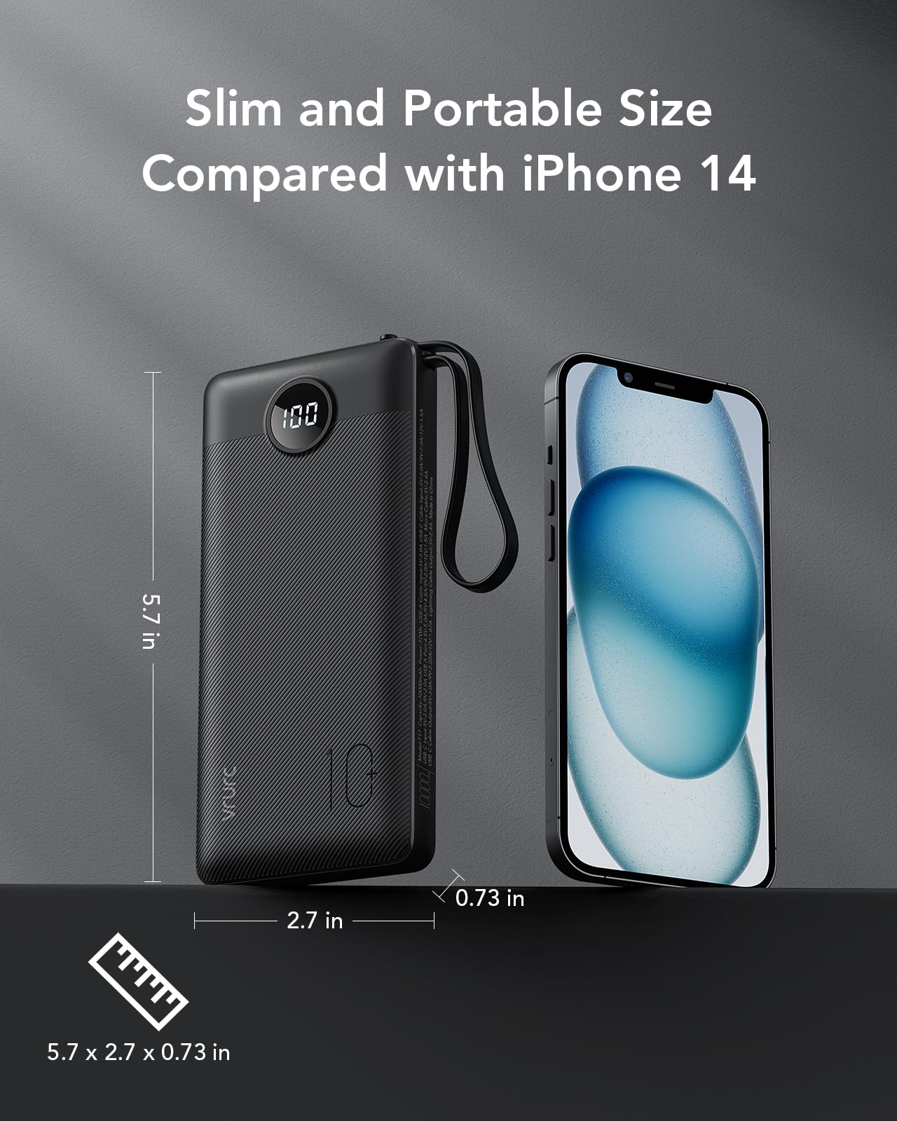 VRURC Portable Charger, 22.5W Fast Charging Power Bank Built‑in 4 Cables, 10000mAh Slim Lightweight Travel Battery Pack for iPhone, Samsung & Multi Devices, Pocket‑Friendly with Lanyard(1 Pack)