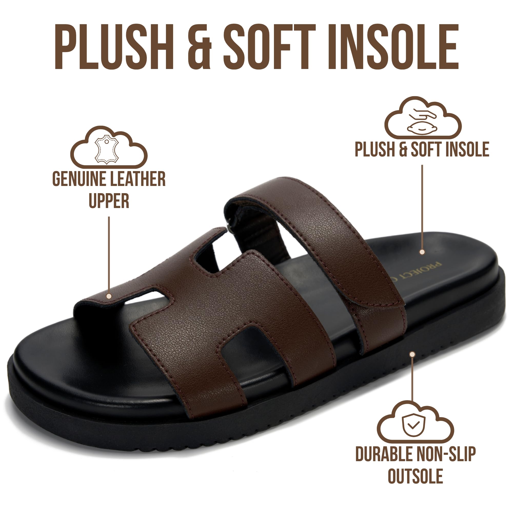 Project Cloud 100% Genuine Leather Sandals for Women Footwear - Stylish Womens Sandals with Plush & Soft Insole - Non-Slip and Water-Resistant Beach Sandals Slides for Women (Mayvy, CHOCLEATH,7.5M)