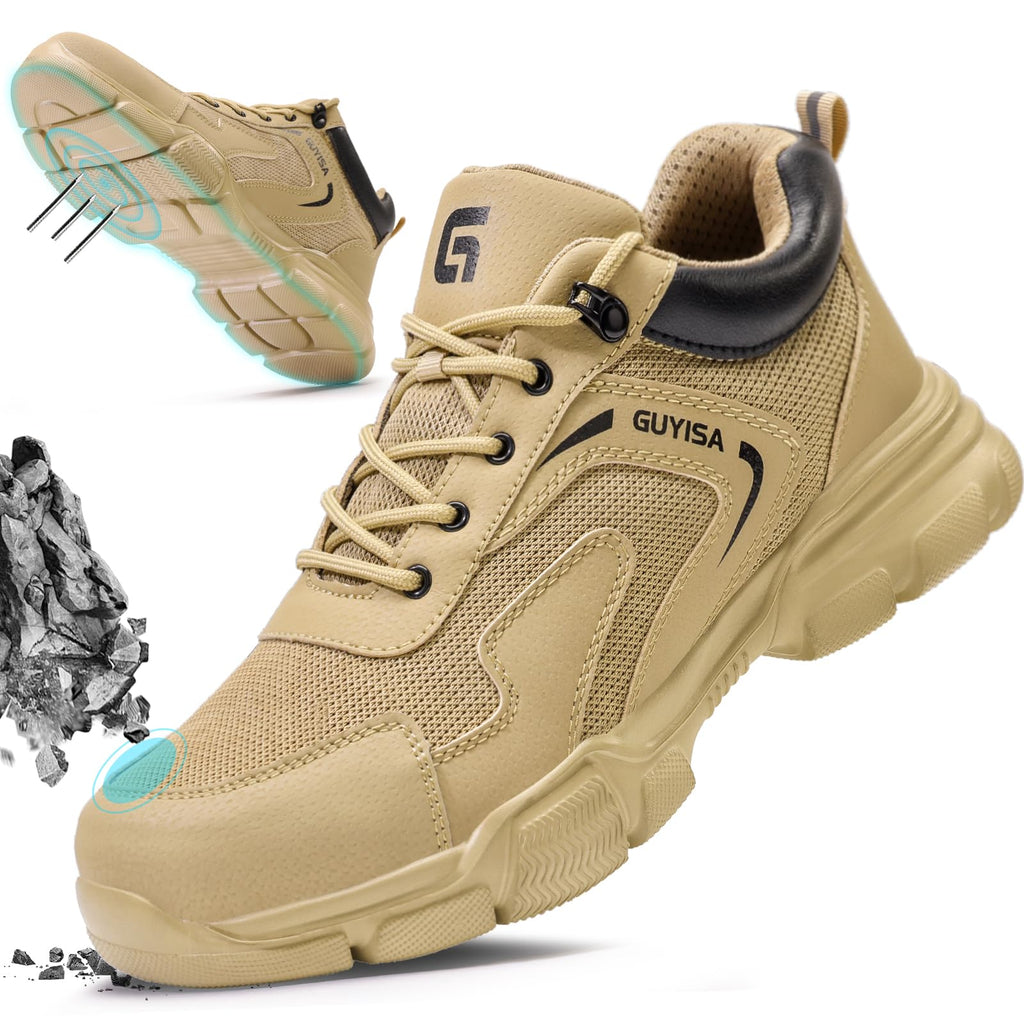Gsutenmre Steel Toe Shoes for Men Lightweight Work Shoes Men Puncture Resistant Safety Footwear Industrial Shoe Comfortable for Construction Warehouse Jobs Khaki