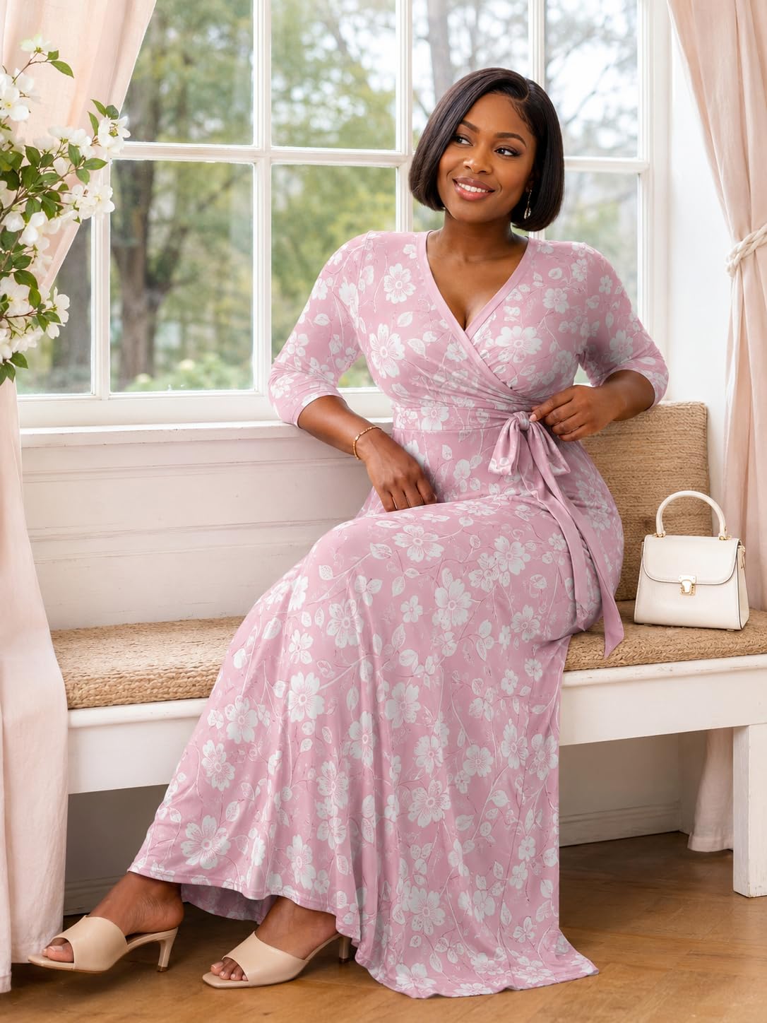 PinkPatty Plus Size Maxi Dress for Women Casual V Neck 3/4 Sleeve Boho Printed Long Dress with Pockets (Floral1 2XL)
