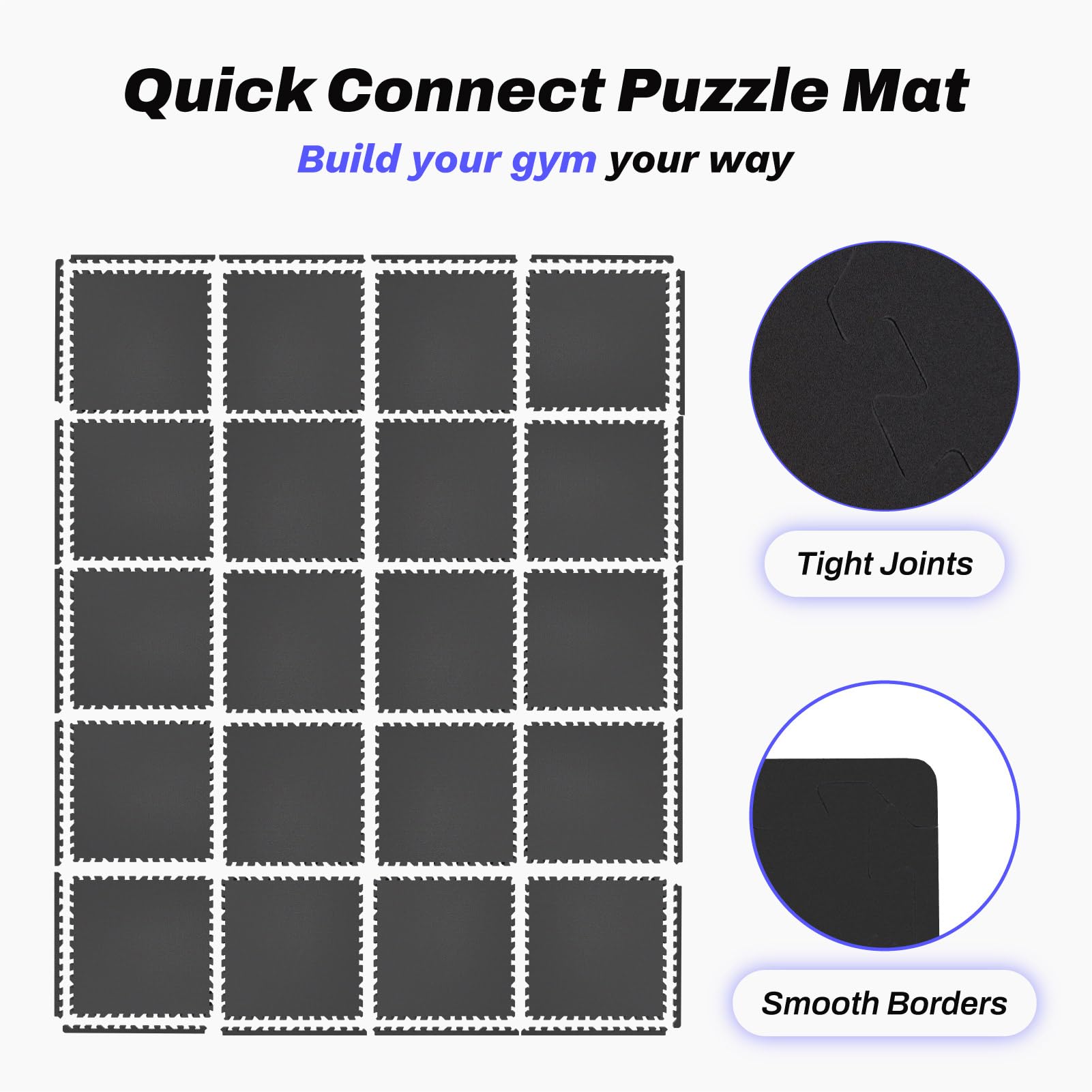 AIRHOP 0.56in Thick 96 Sq Ft Exercise Equipment Mats, 24 Tiles Upgraded Rubber Top with High Density EVA Foam, Large Interlocking Puzzle Gym Flooring for Home Gym, Heavy Weight Workout,Black