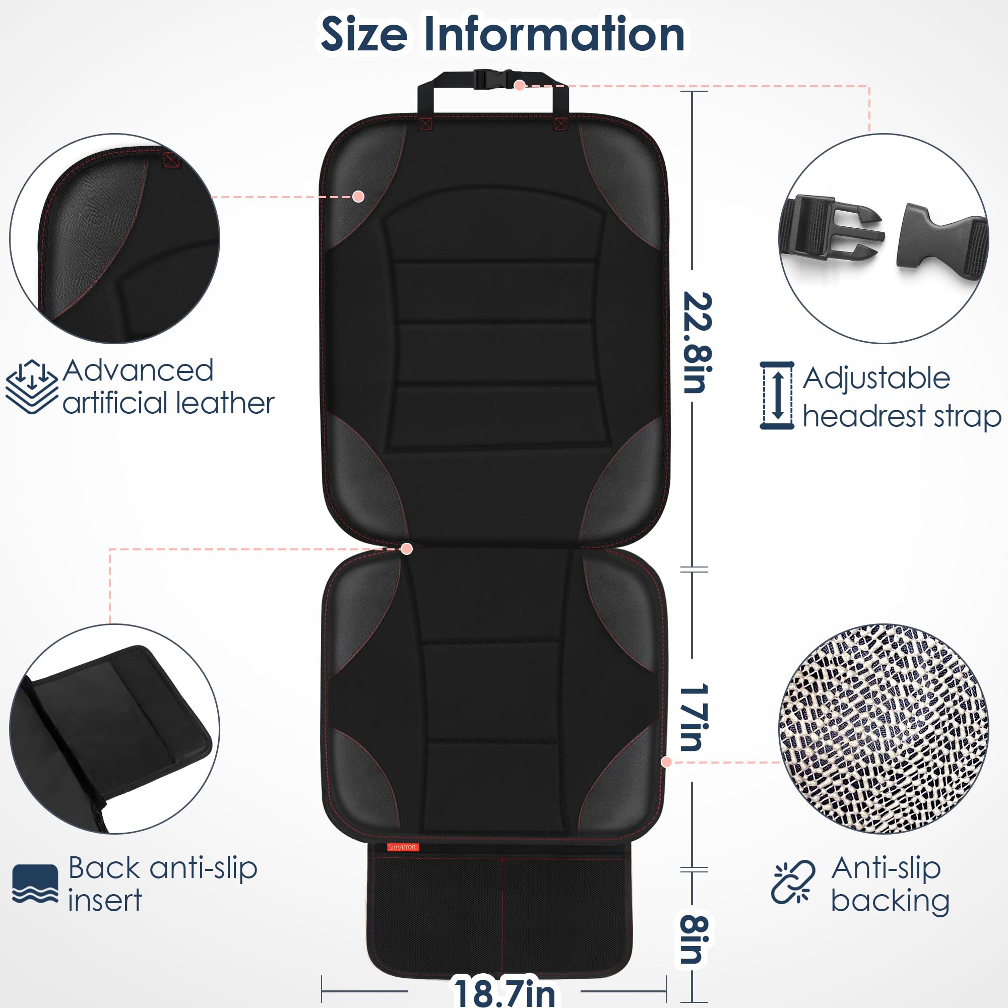 Sinvitron Car Seat Protector for Child Car Seat - Waterproof Non-Slip Leather Mat with 2 Mesh Pockets, Universal Seat Cover for Baby, Pets & Vehicles(2-Pack,Black)