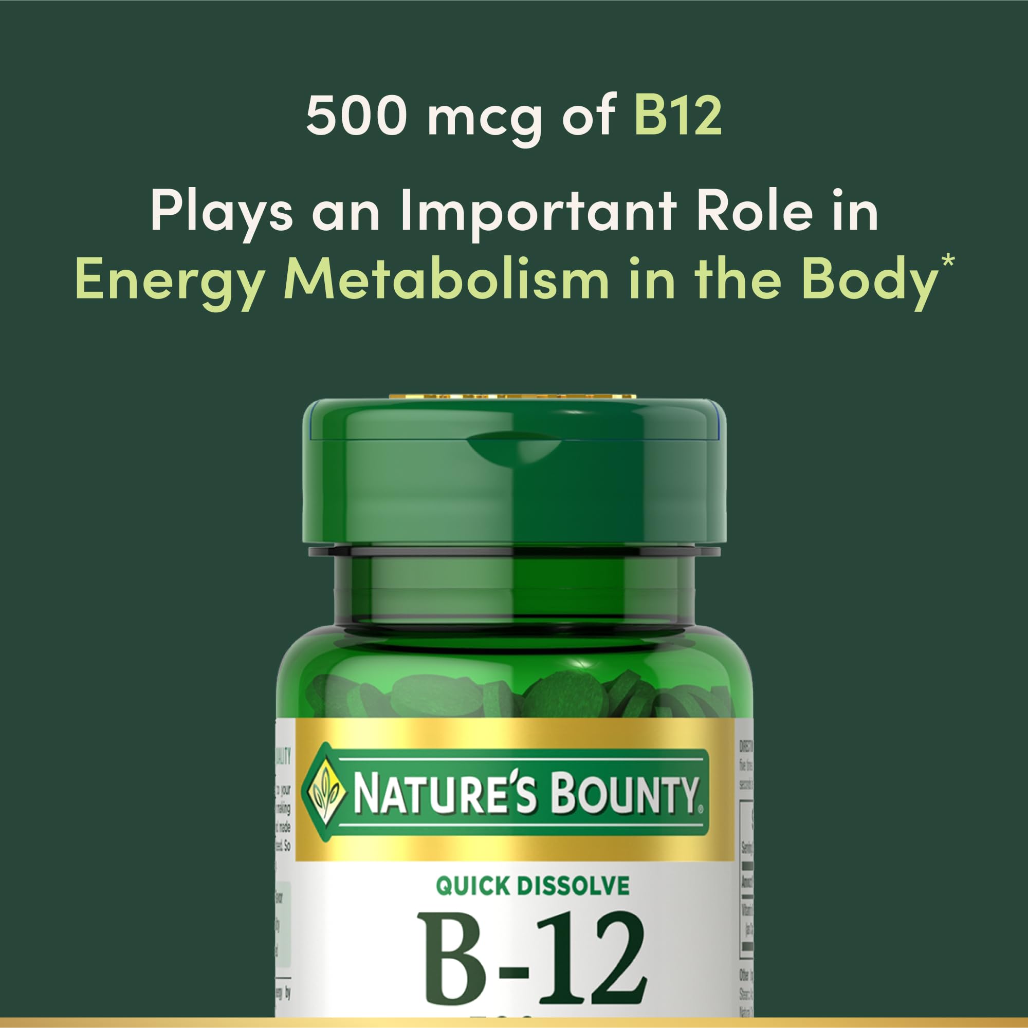 Nature's Bounty Vitamin B12, Supports Energy Metabolism and Nervous System Health, 500mcg, 100 Quick Dissolve Tablets