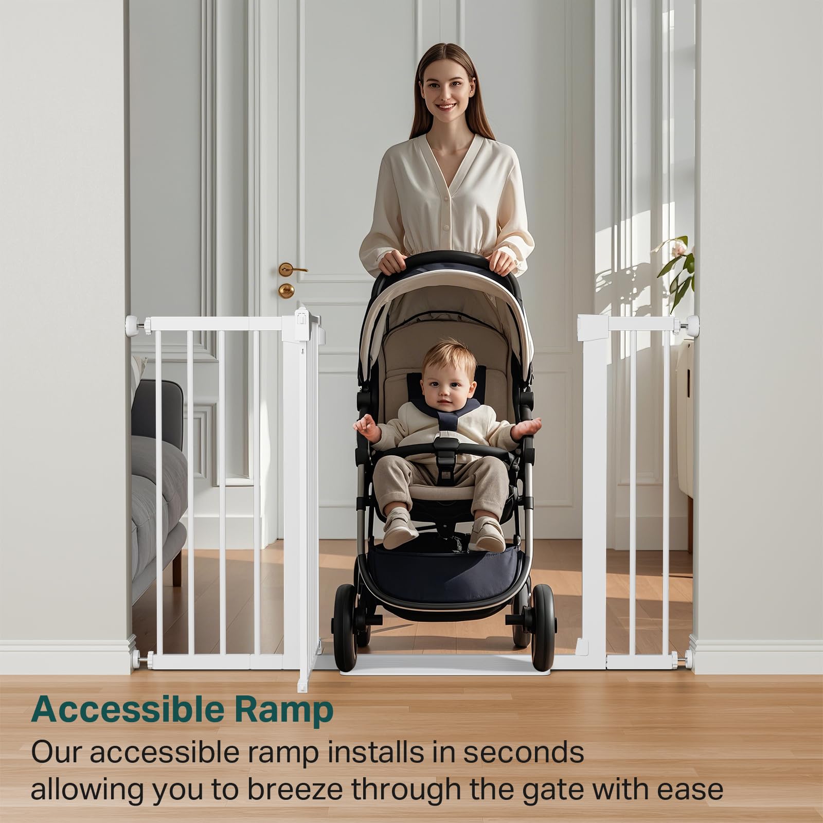 Cumbor 29.7-48" Baby Gate for Stairs, Mom's Choice Awards Winner-Dog Gates for Doorways, Auto Close Safety Pet Gate for Dogs Indoor, Easy Install Pressure Mounted Child Gate with Walk Thru Door, White