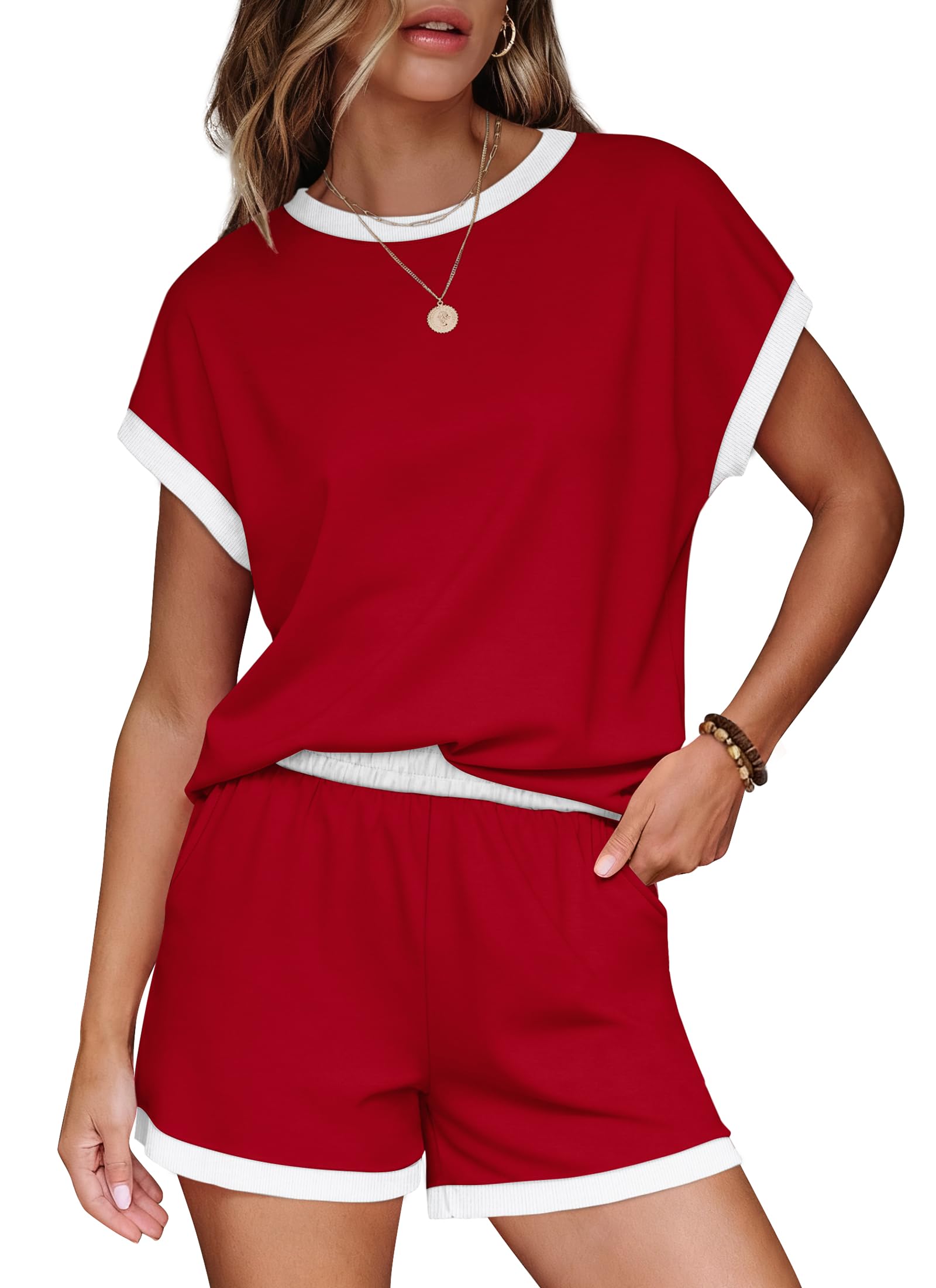 Red Christmas Pajamas Lounge Sets for Women 2 Piece Short Sets for Women Summer Business Casual Travel Comfiest Airport Outfits Beach Vacation Clothes Matching Clothing Fashion Workout Cute Trendy