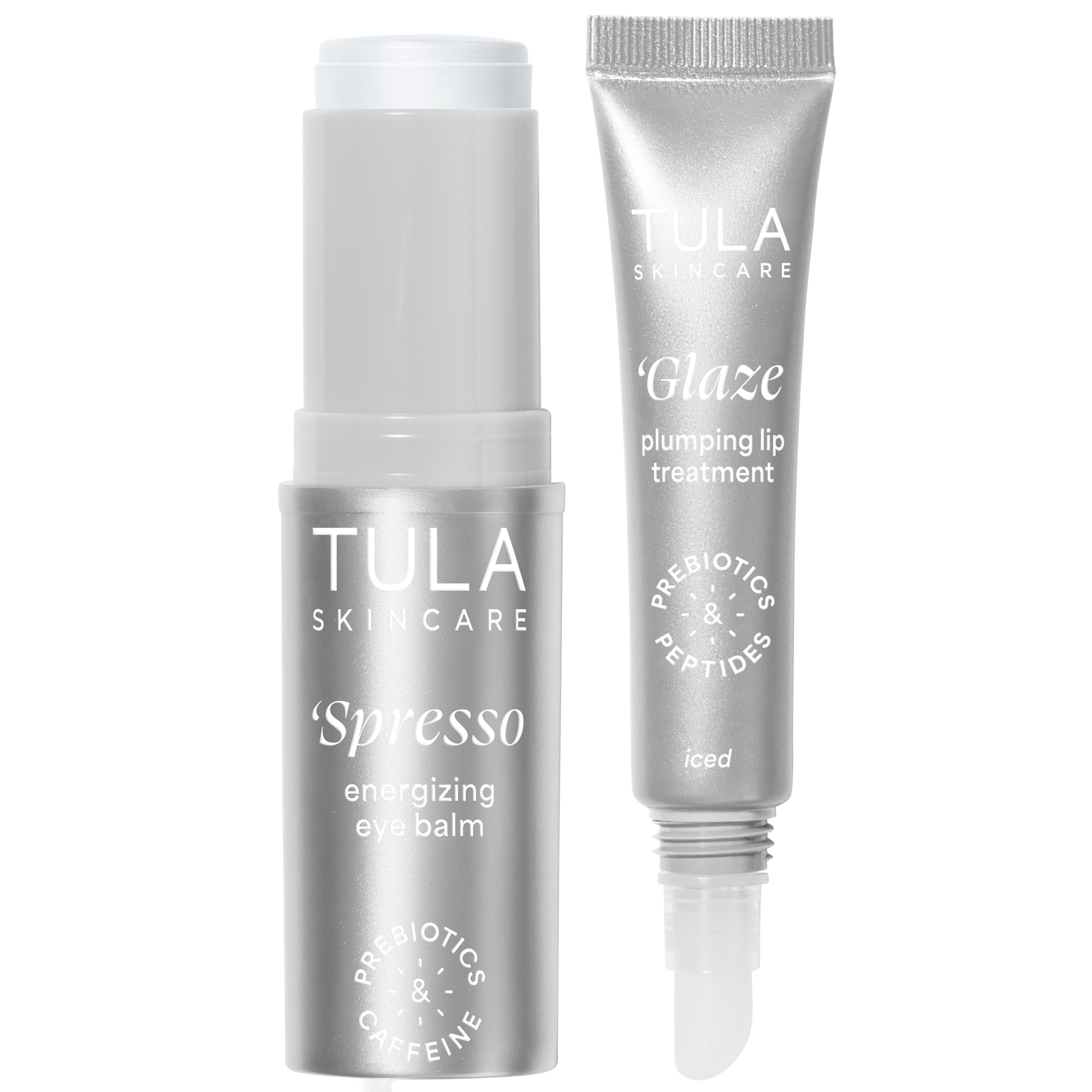 TULA Skin Care Pearlescent Duo - Iced Spresso Energizing Eye Balm 0.35 oz + Iced Glaze Plumping Lip Treatment 0.28 oz, 2-Piece Kit