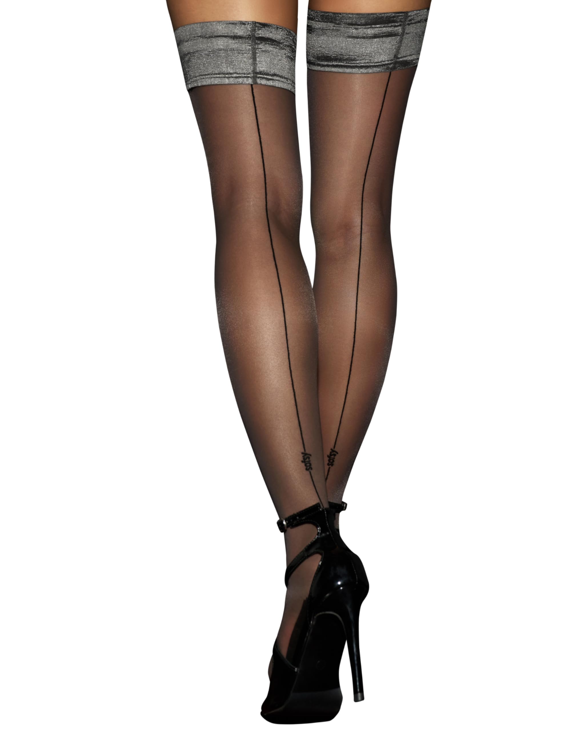 sofsy Silky-Smooth Sheer Stockings - Italian Barely Black Thigh High Hold-Ups for Women | 20 Den Anti-Skid Stay-Up Design | Black Back Seam XS/S