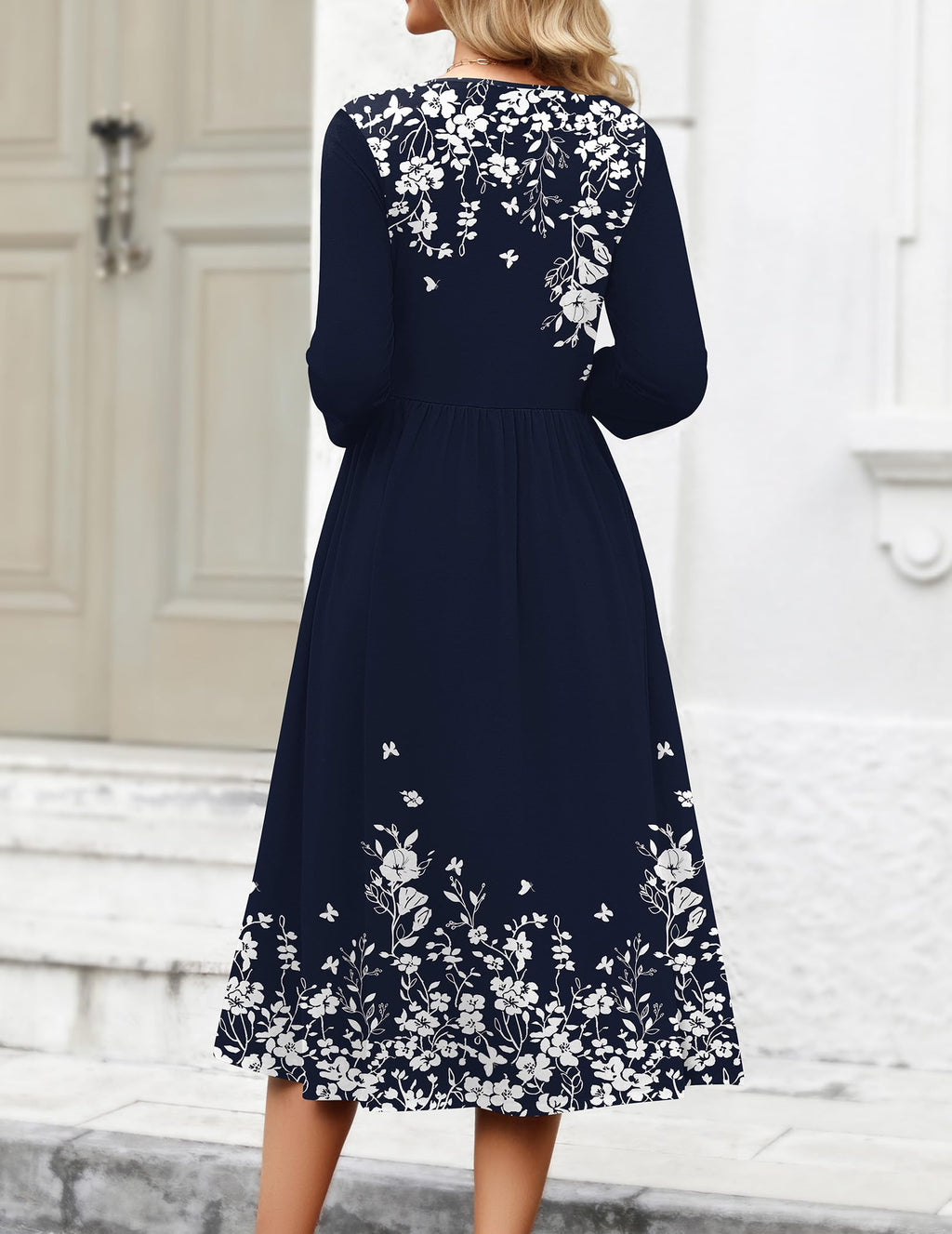 Zeagoo Casual Midi Dresses for Women 3/4 Length Sleeve Elegant Party Dress Aline Casual Floal Loose Dresses Flowy Swing Empire Waist Dress Navy Blue Floral