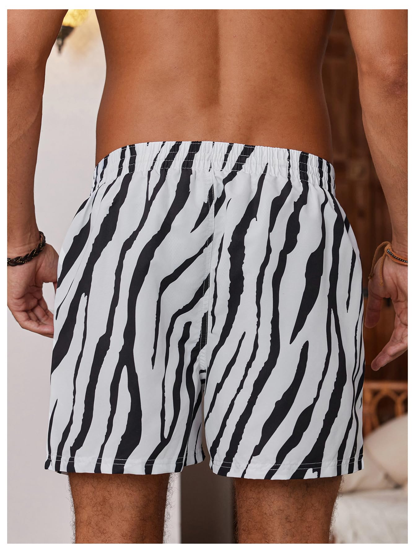 WDIRARA Men's Zebra Stripe Drawstring Waist Swim Trunks Beach Shorts Sports Running Bathing Suits with Mesh Lining Black and White Small